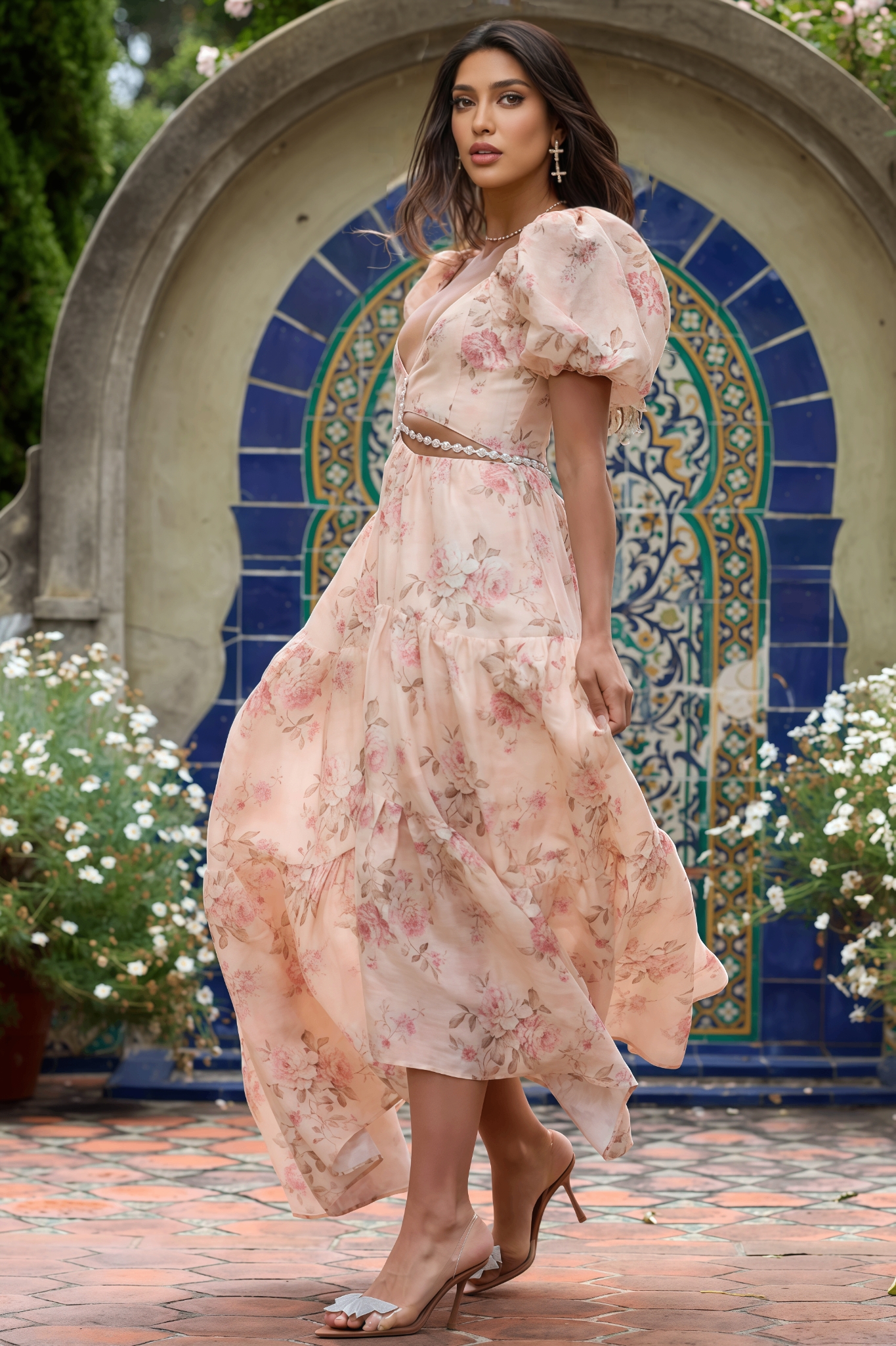 Jolie Pink Printed V-Neck Maxi Dress