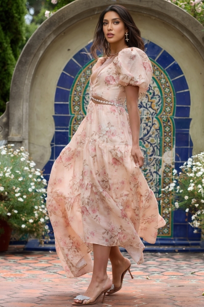 Jolie Pink Printed V-Neck Maxi Dress