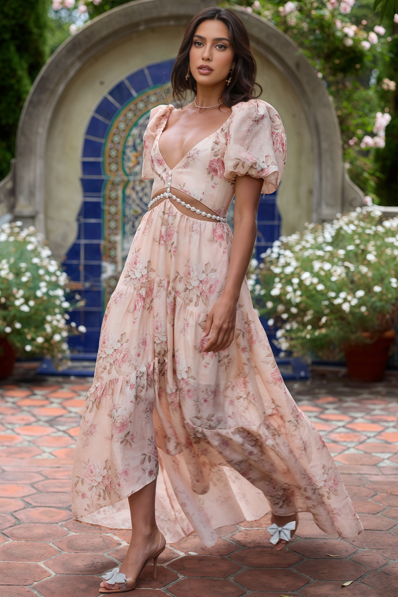 Jolie Pink Printed V-Neck Maxi Dress