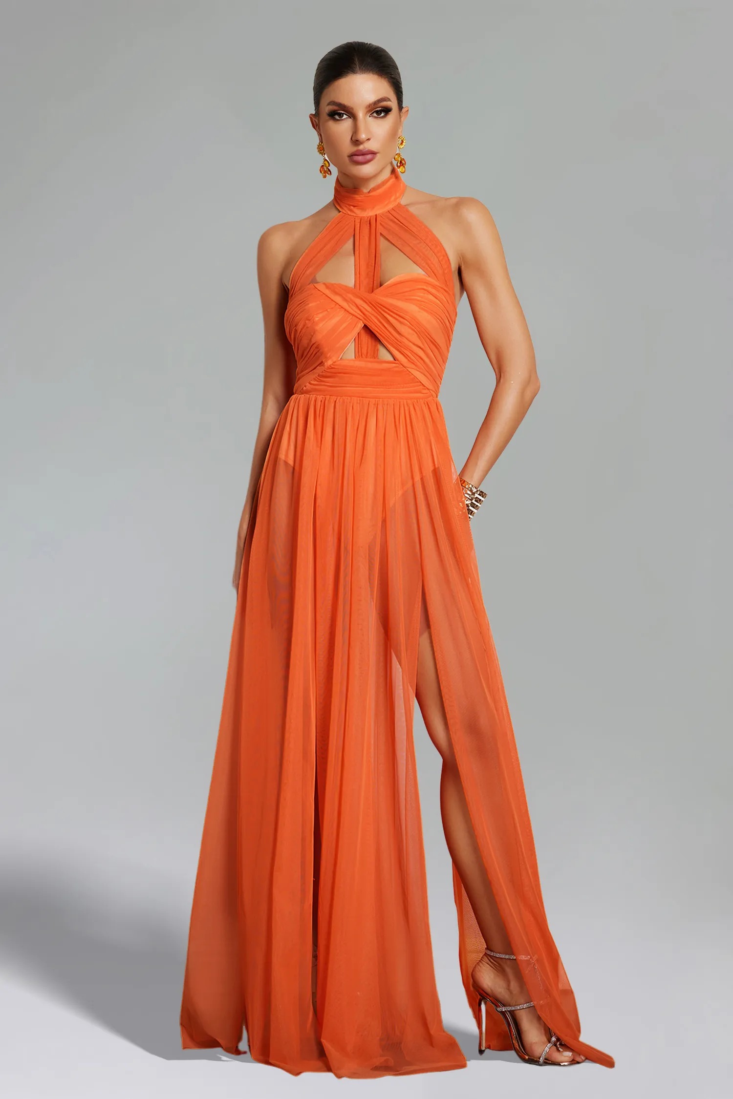 Sarah Halterneck Twist Mesh Maxi Dress