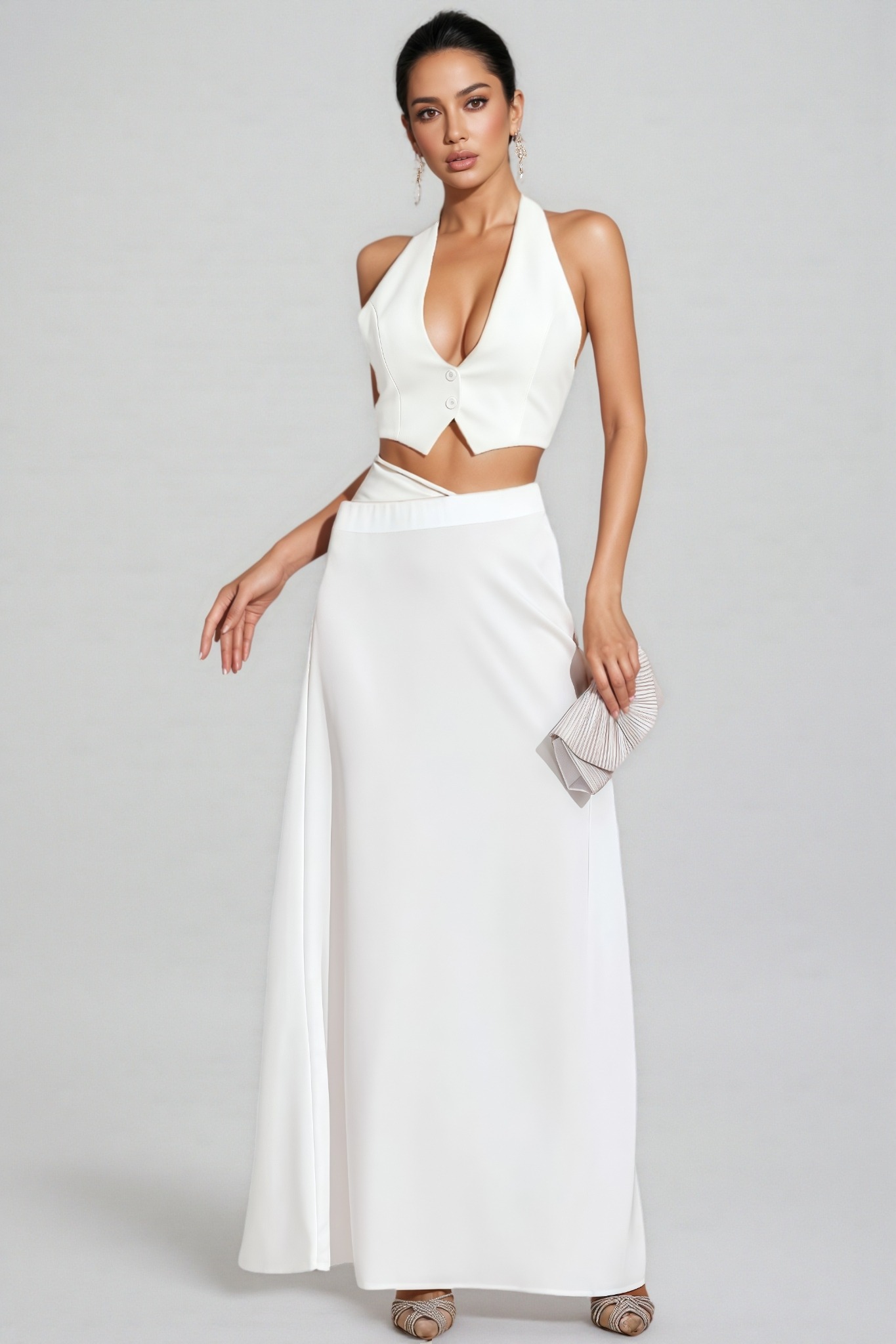 Sophia White Halter Blazer Maxi Dress Set