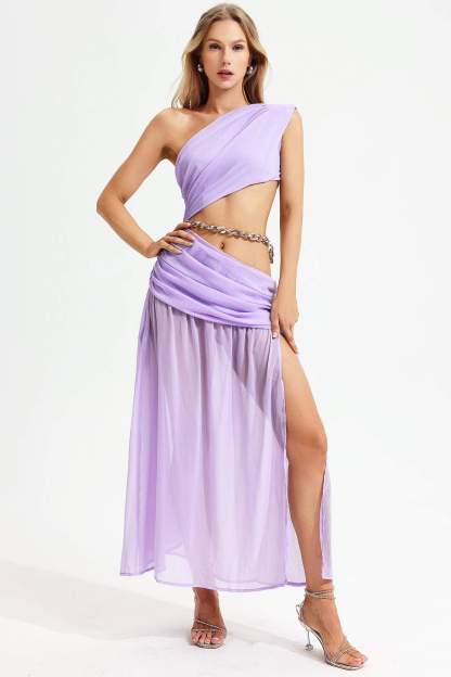 Luz One-Shoulder Sleeveless Slit Ruched Midi Dress