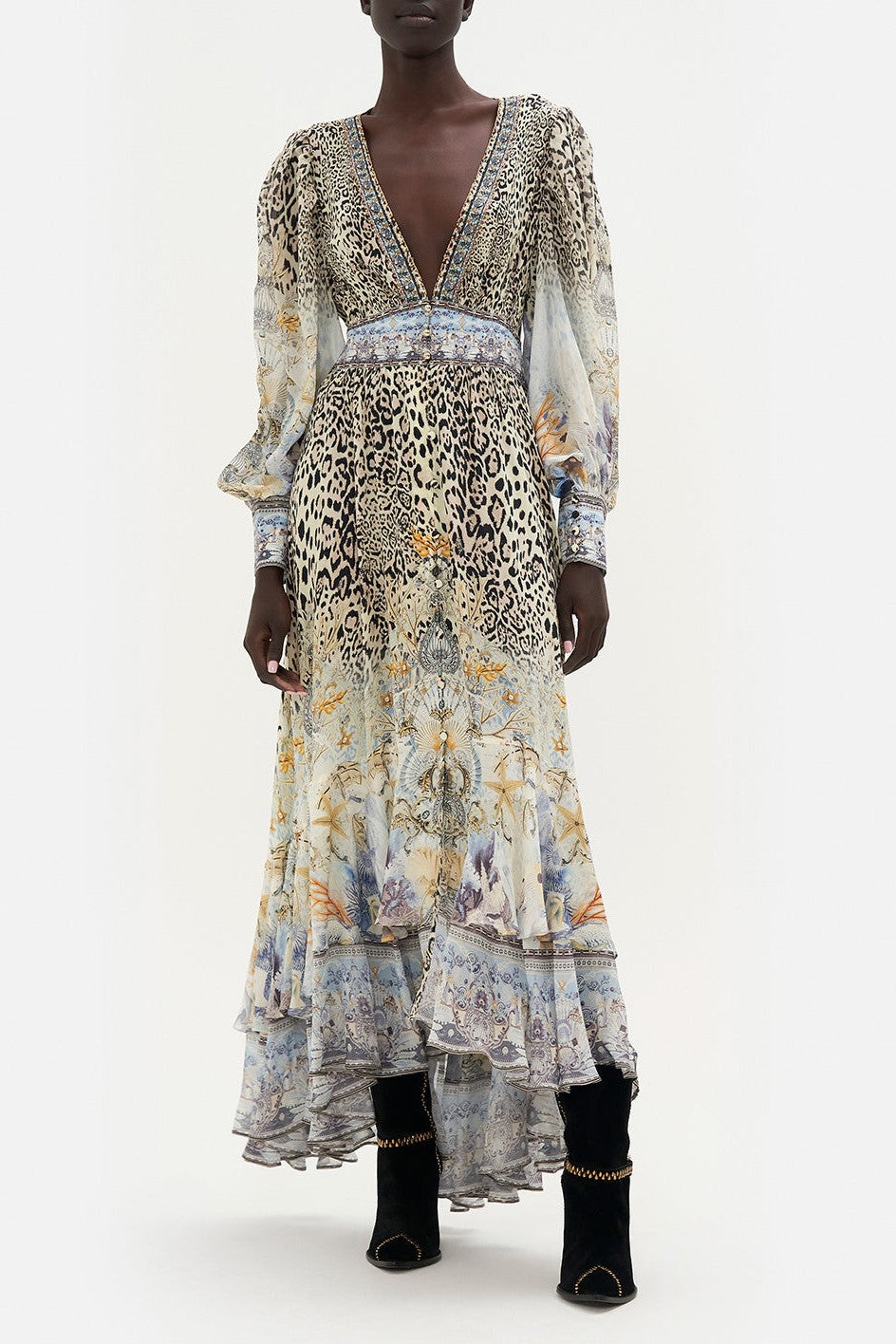 Vera Chiffon Floral Leopard Print V-Neck Maxi Dress
