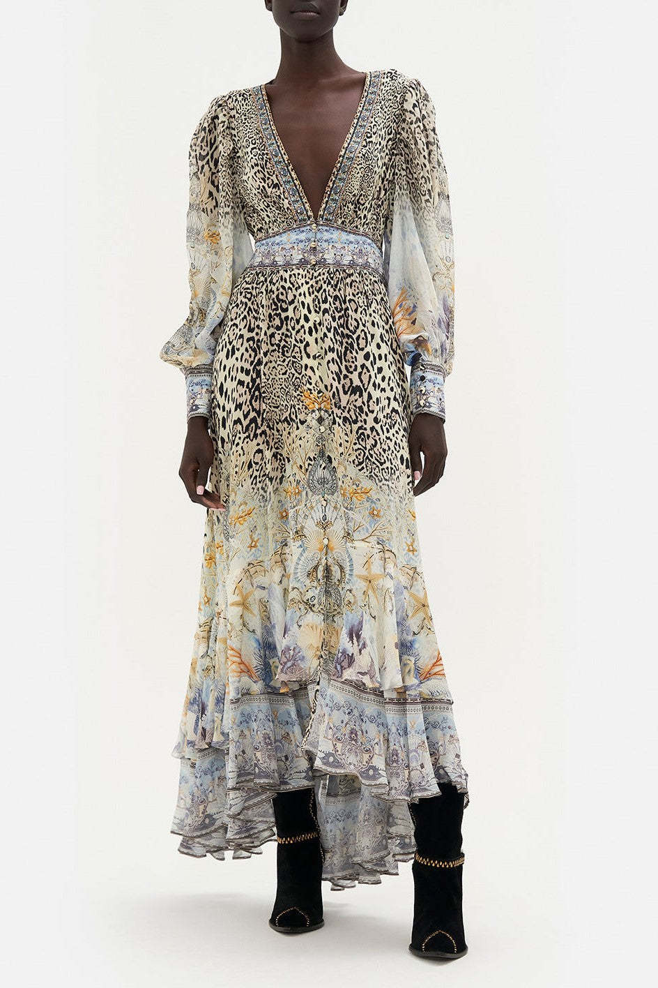 Vera Chiffon Floral Leopard Print V-Neck Maxi Dress