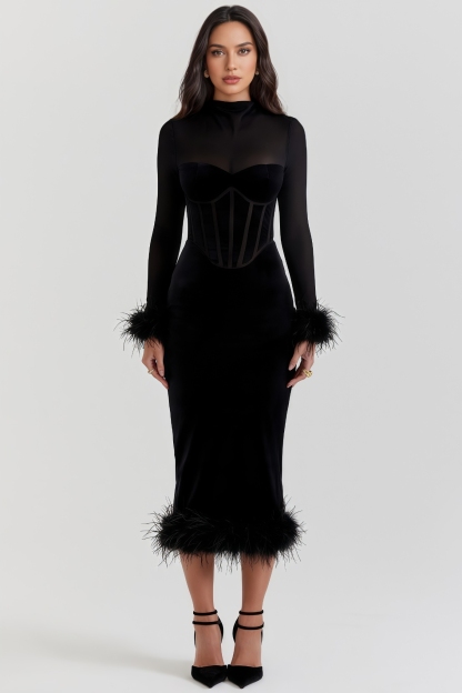 Inga Black Velvet Midi Dress