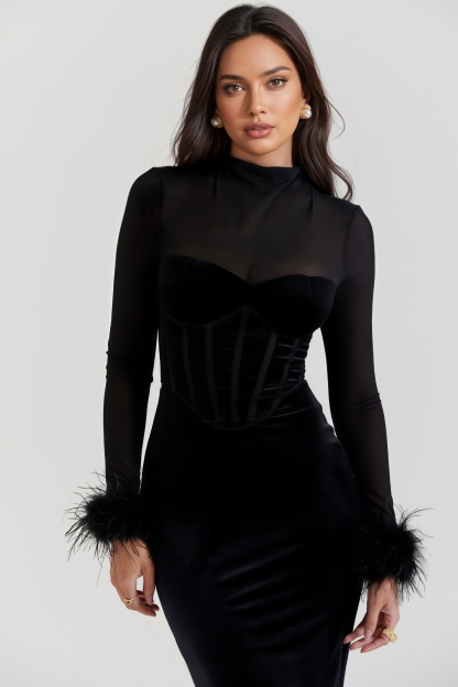 Inga Black Velvet Midi Dress