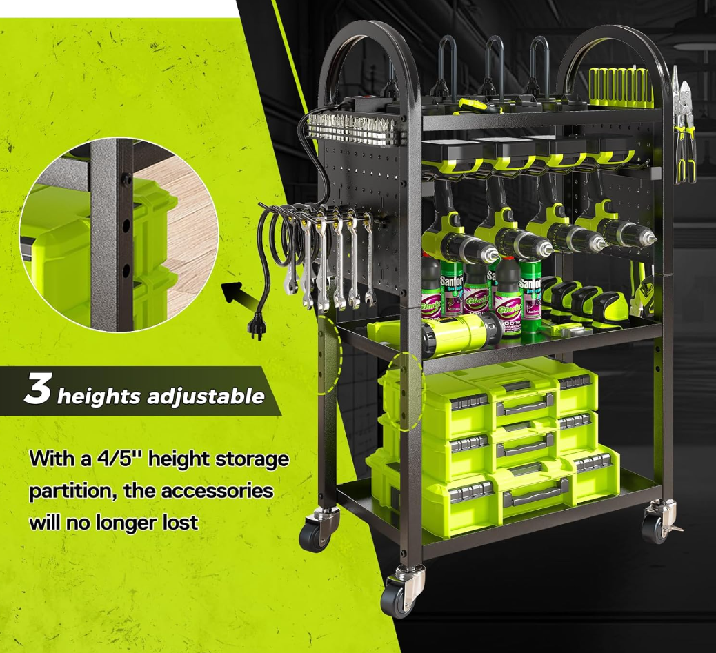12"D x 17"W x 35"H Power Tool Organizer Cart with Charging Station,Garage Floor Rolling Storage on Wheels for Mechanic,Mobile 8 Drill Holder, Utility Cart with Battery Charging 8 Outlet Power Strip