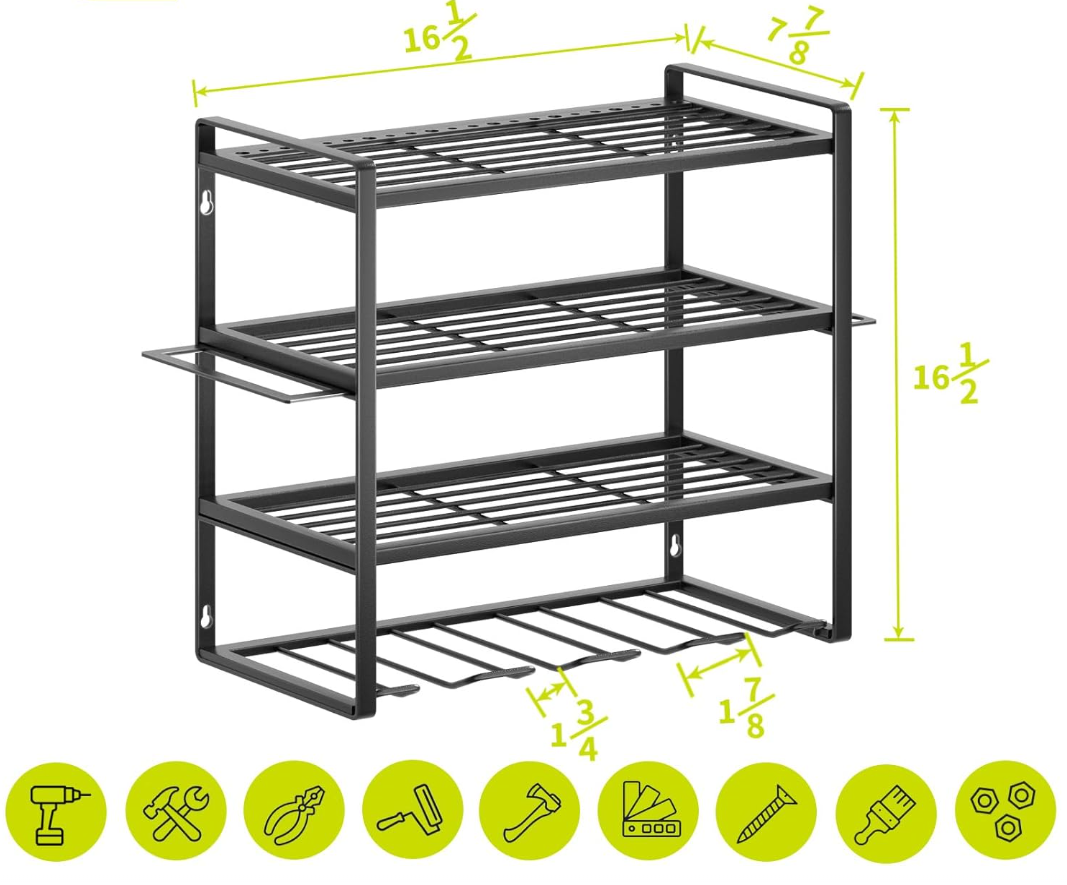 7.8"D x 16.5"W x 16.5"H Power Tool Organizer, Garage Tool Organizers and Storage,Drill Holder Wall Mount, Storage Rack for Cordless Drill, Heavy Duty Tool shelf with Screwdriver Holder/Pliers Holder/Hammer Holder