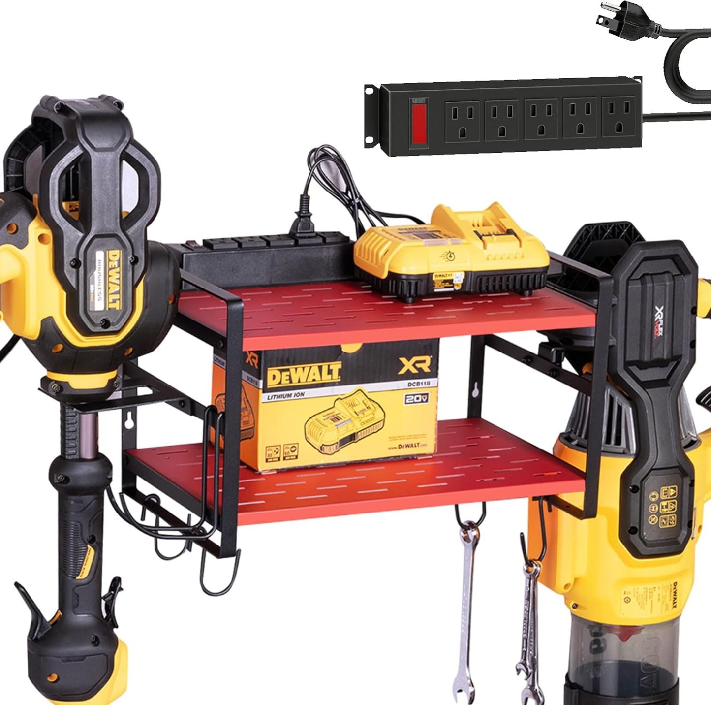 10"D x 16.6"W x 10"H Leaf Blower and Weed Eater Rack with Charging Station, Lawn Power Tool Organizer Wall Mount, Lawn Tool Storage Rack for Leaf Blower, Weed Eater, Battery, Charger