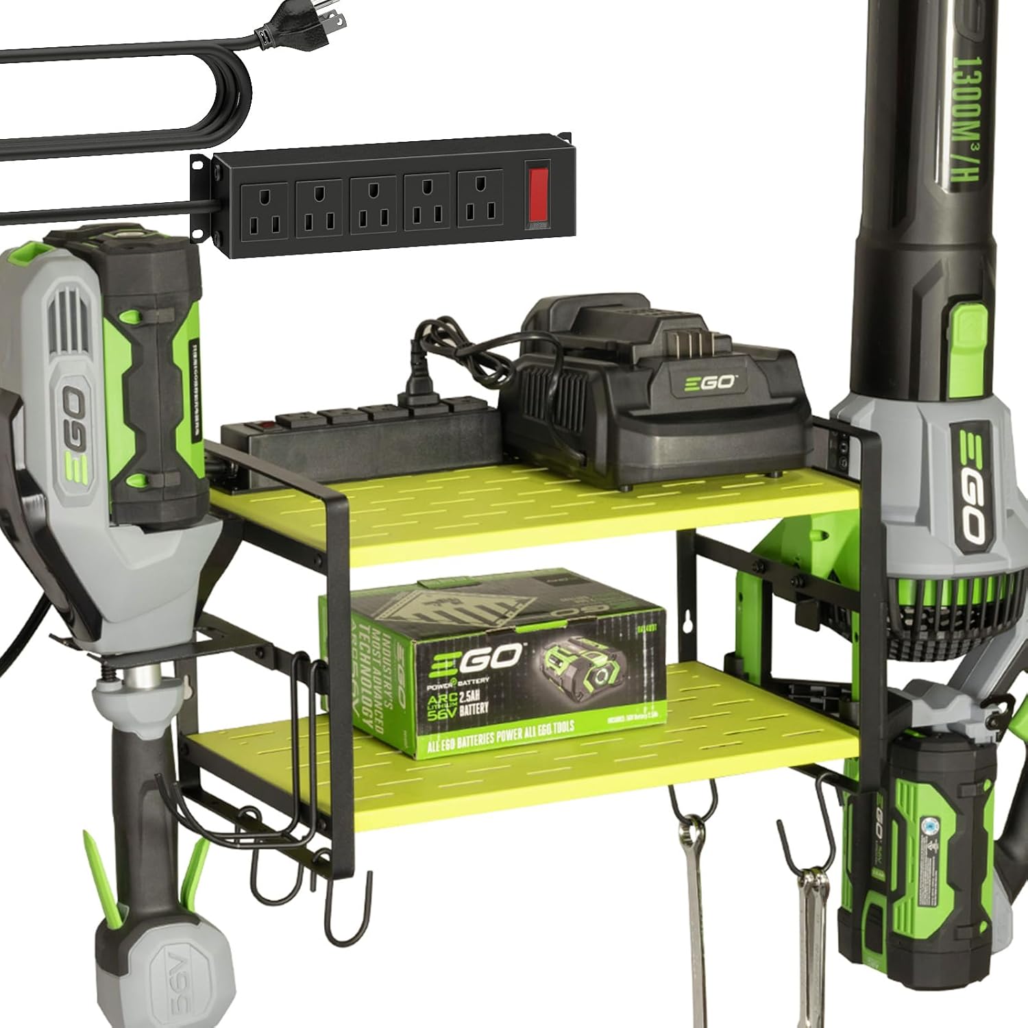 10"D x 16.6"W x 10"H Leaf Blower and Weed Eater Rack with Charging Station, Lawn Power Tool Organizer Wall Mount, Lawn Tool Storage Rack for Leaf Blower, Weed Eater, Battery, Charger