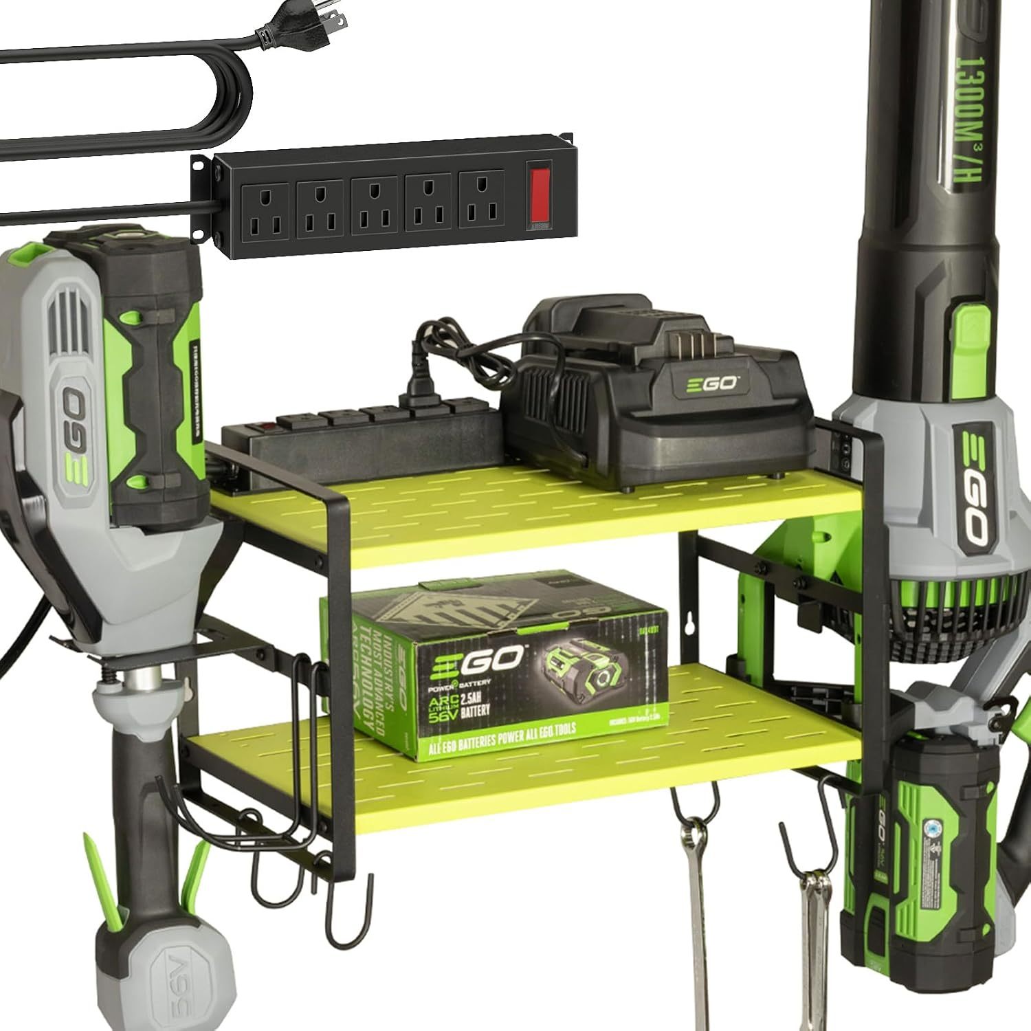 10"D x 16.6"W x 10"H Leaf Blower and Weed Eater Rack with Charging Station, Lawn Power Tool Organizer Wall Mount, Lawn Tool Storage Rack for Leaf Blower, Weed Eater, Battery, Charger