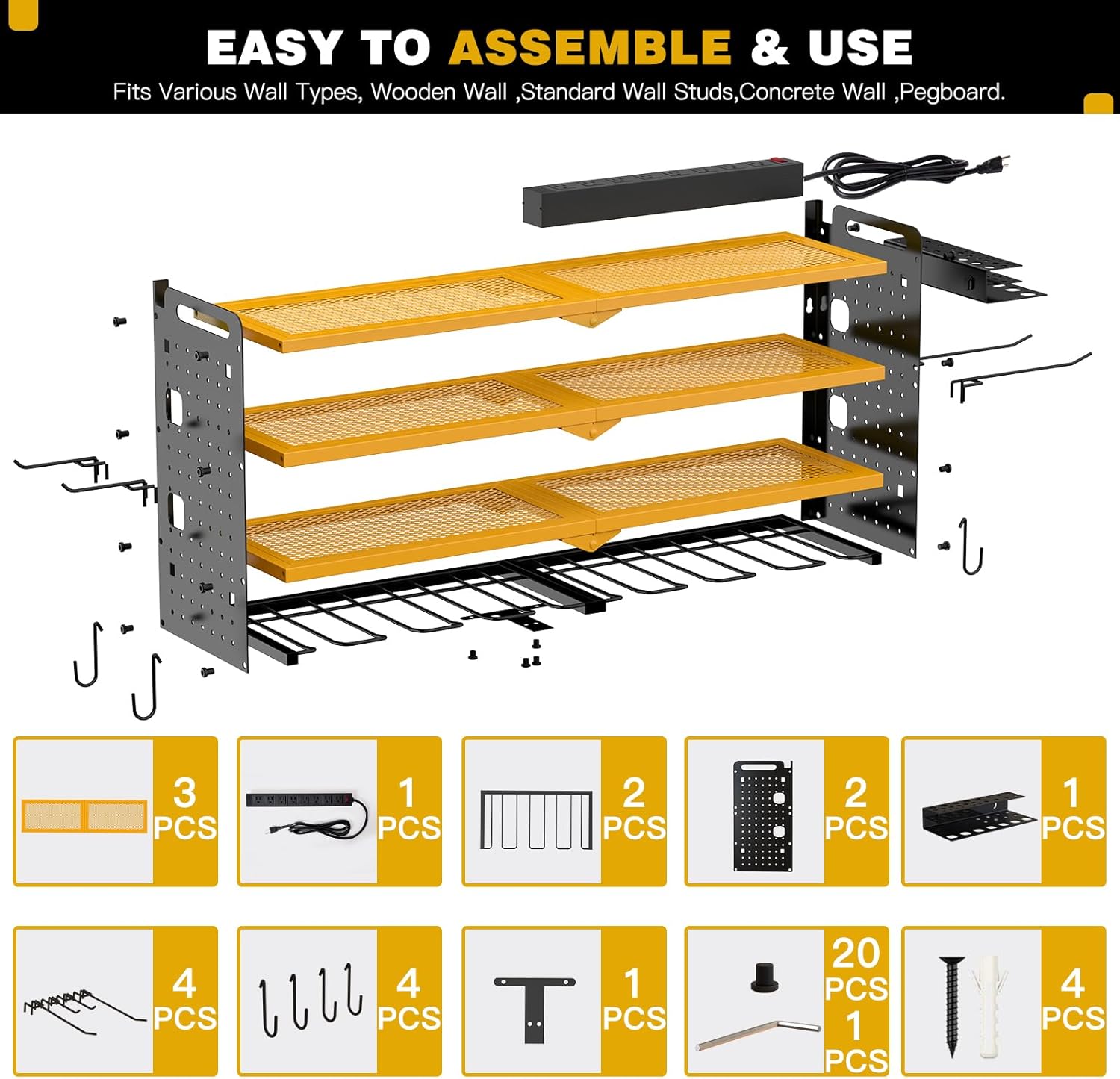 Power Tool Organizer Wall Mount with Charging Station, 8 Drill Holder, 4 Layer Storage Rack for Garage Organization, Tool Holder with 8 Outlet Power Strip