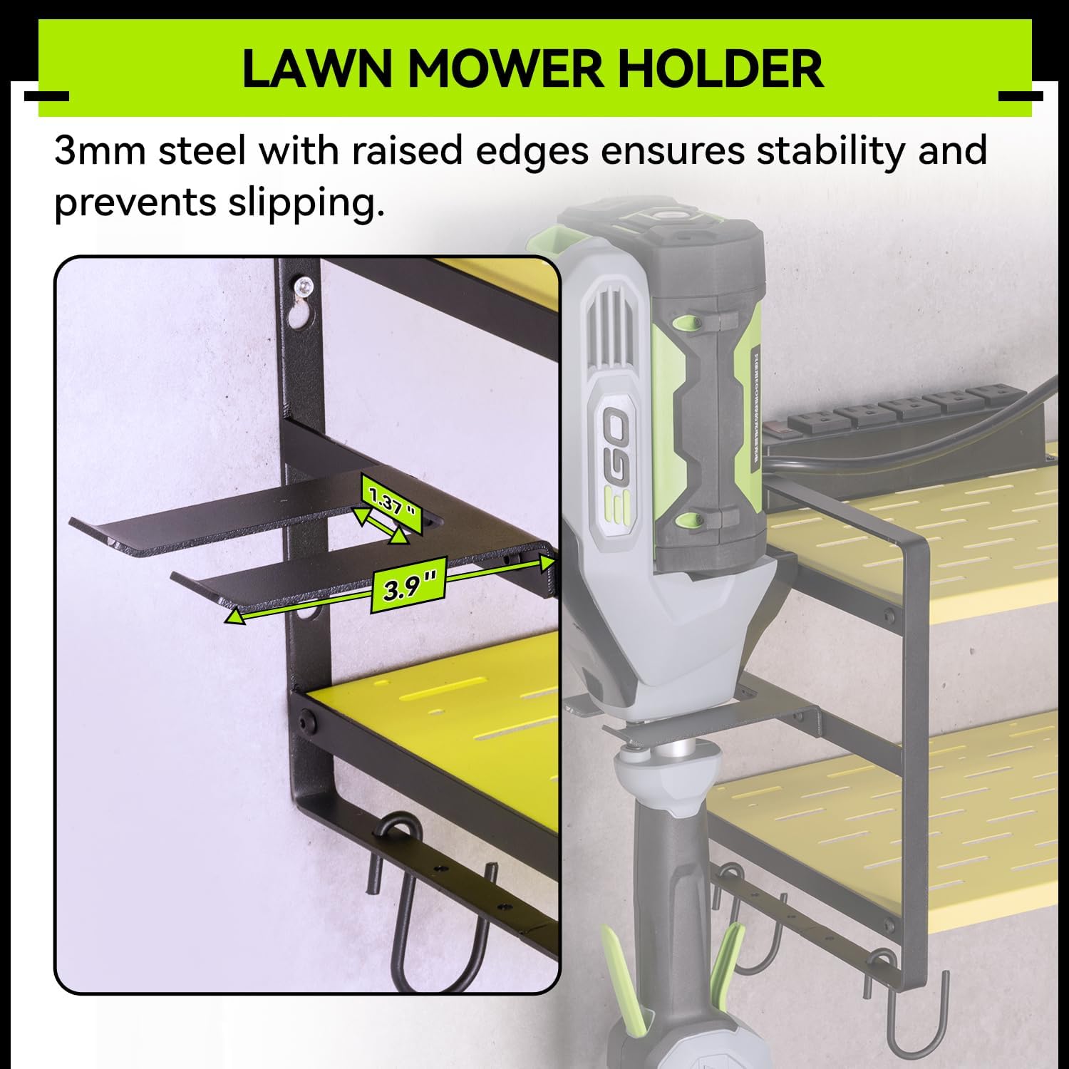 10"D x 16.6"W x 10"H Leaf Blower and Weed Eater Rack with Charging Station, Lawn Power Tool Organizer Wall Mount, Lawn Tool Storage Rack for Leaf Blower, Weed Eater, Battery, Charger