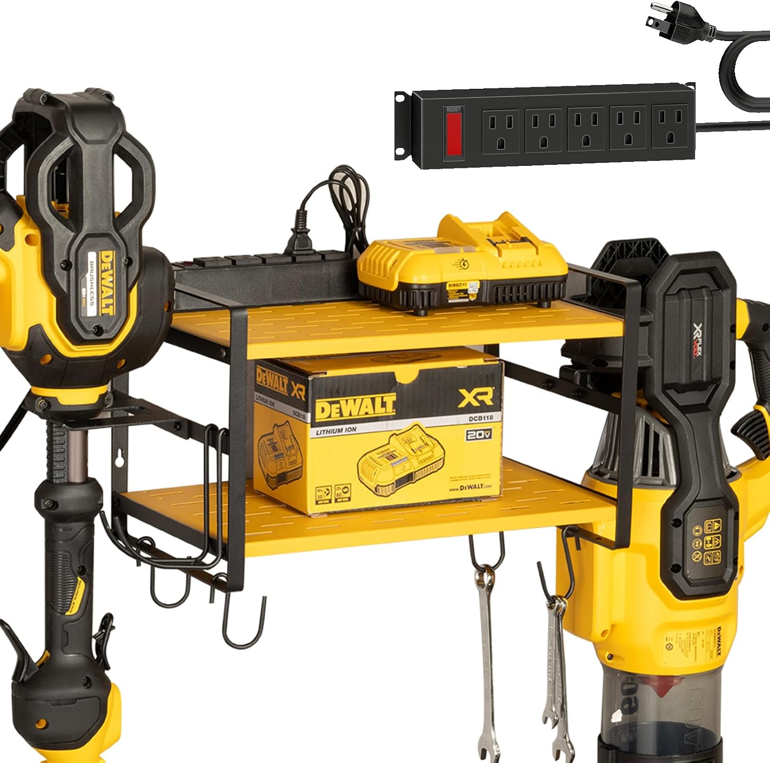 10"D x 16.6"W x 10"H Leaf Blower and Weed Eater Rack with Charging Station, Lawn Power Tool Organizer Wall Mount, Lawn Tool Storage Rack for Leaf Blower, Weed Eater, Battery, Charger