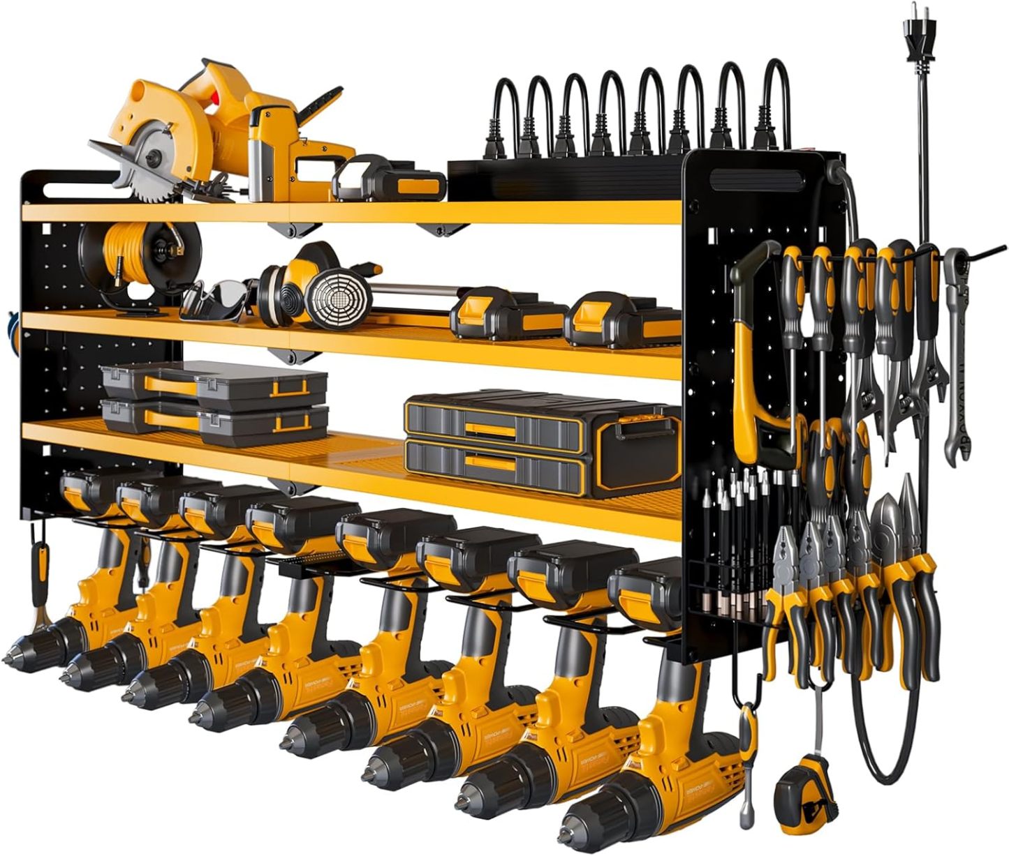 Power Tool Organizer Wall Mount with Charging Station, 8 Drill Holder, 4 Layer Storage Rack for Garage Organization, Tool Holder with 8 Outlet Power Strip