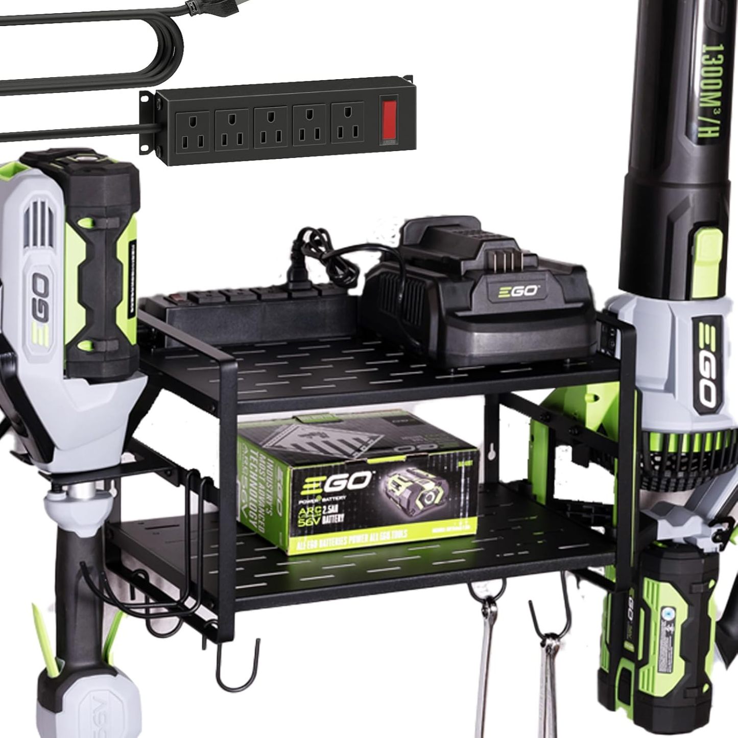 10"D x 16.6"W x 10"H Leaf Blower and Weed Eater Rack with Charging Station, Lawn Power Tool Organizer Wall Mount, Lawn Tool Storage Rack for Leaf Blower, Weed Eater, Battery, Charger