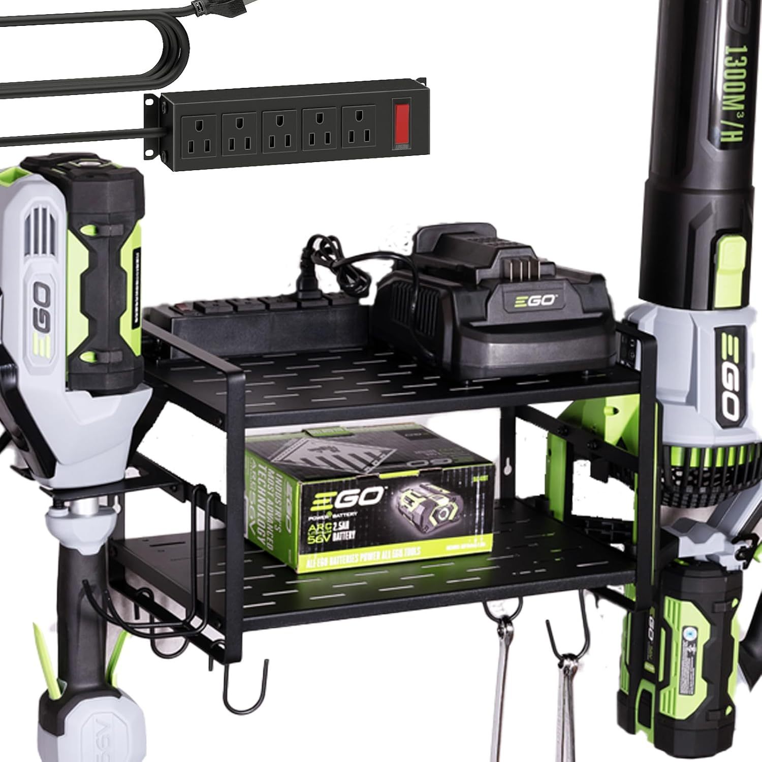 10"D x 16.6"W x 10"H Leaf Blower and Weed Eater Rack with Charging Station, Lawn Power Tool Organizer Wall Mount, Lawn Tool Storage Rack for Leaf Blower, Weed Eater, Battery, Charger