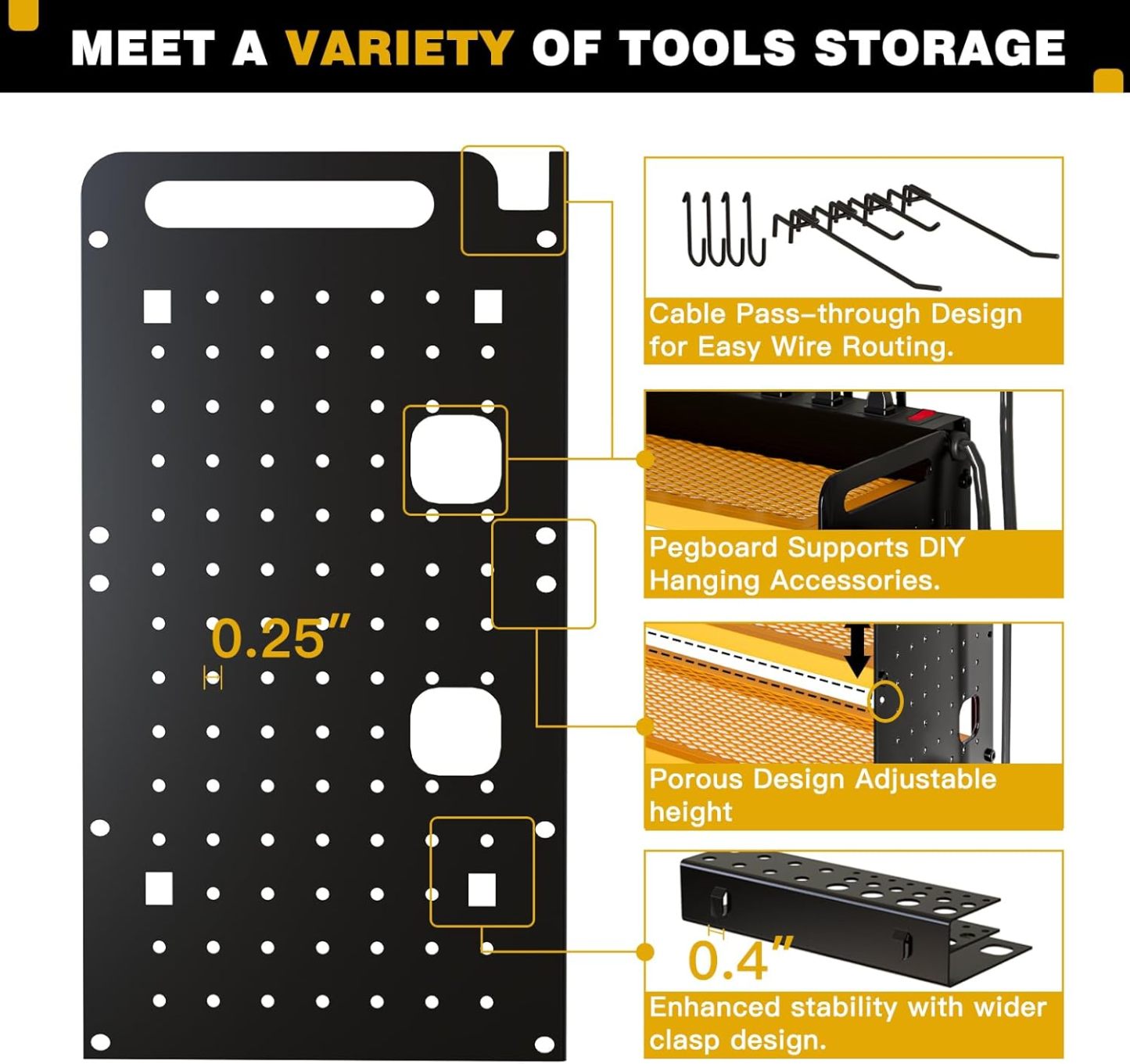Power Tool Organizer Wall Mount with Charging Station, 8 Drill Holder, 4 Layer Storage Rack for Garage Organization, Tool Holder with 8 Outlet Power Strip