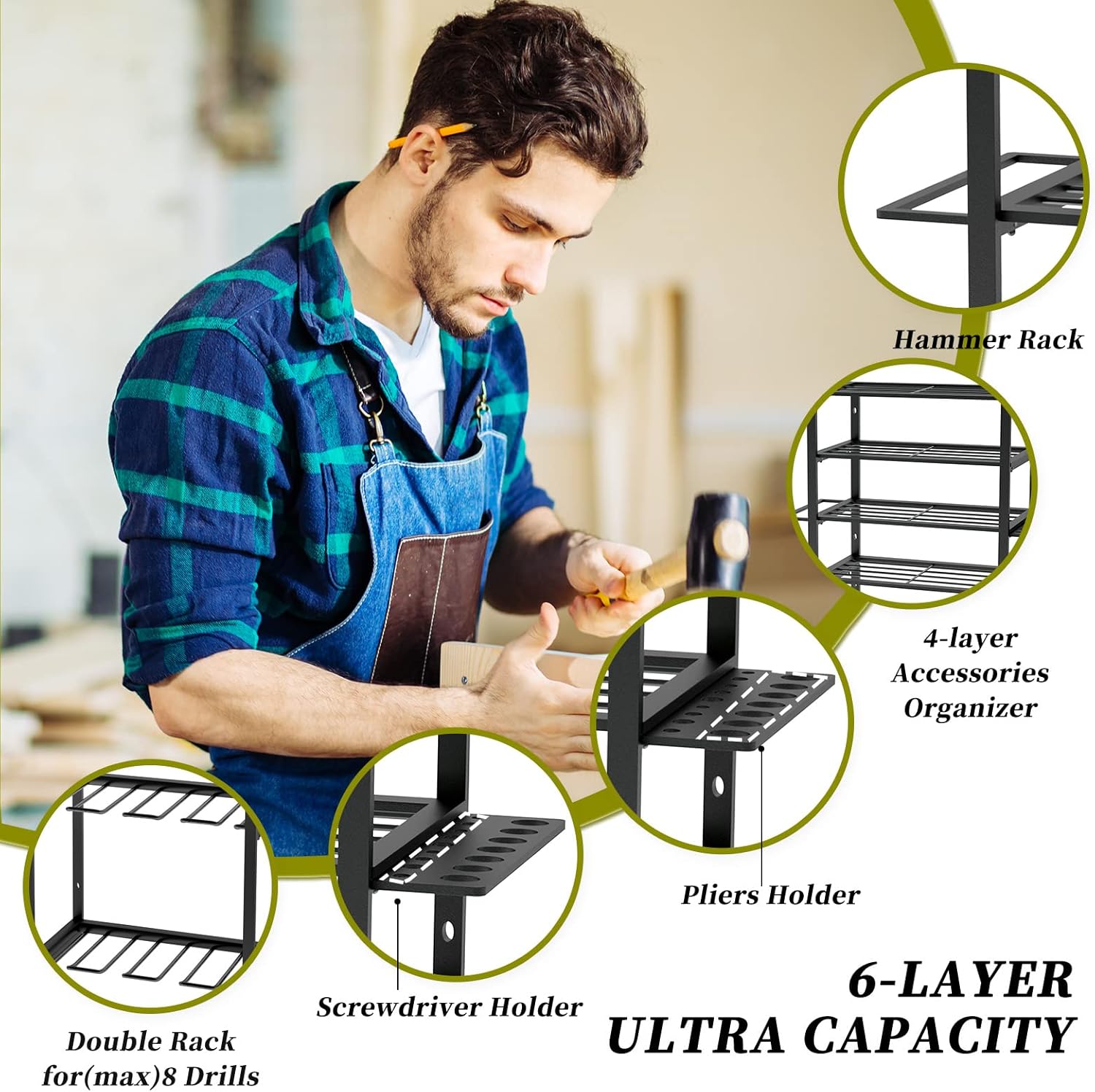 Power Tool Organizer,8 Drill Holder Wall Mount,6 Layer Heavy Duty Metal Tool Storage Rack,Large Utility Tool Shelf for Cordless Drill, Garage Wall Organizer for Lifetime Use