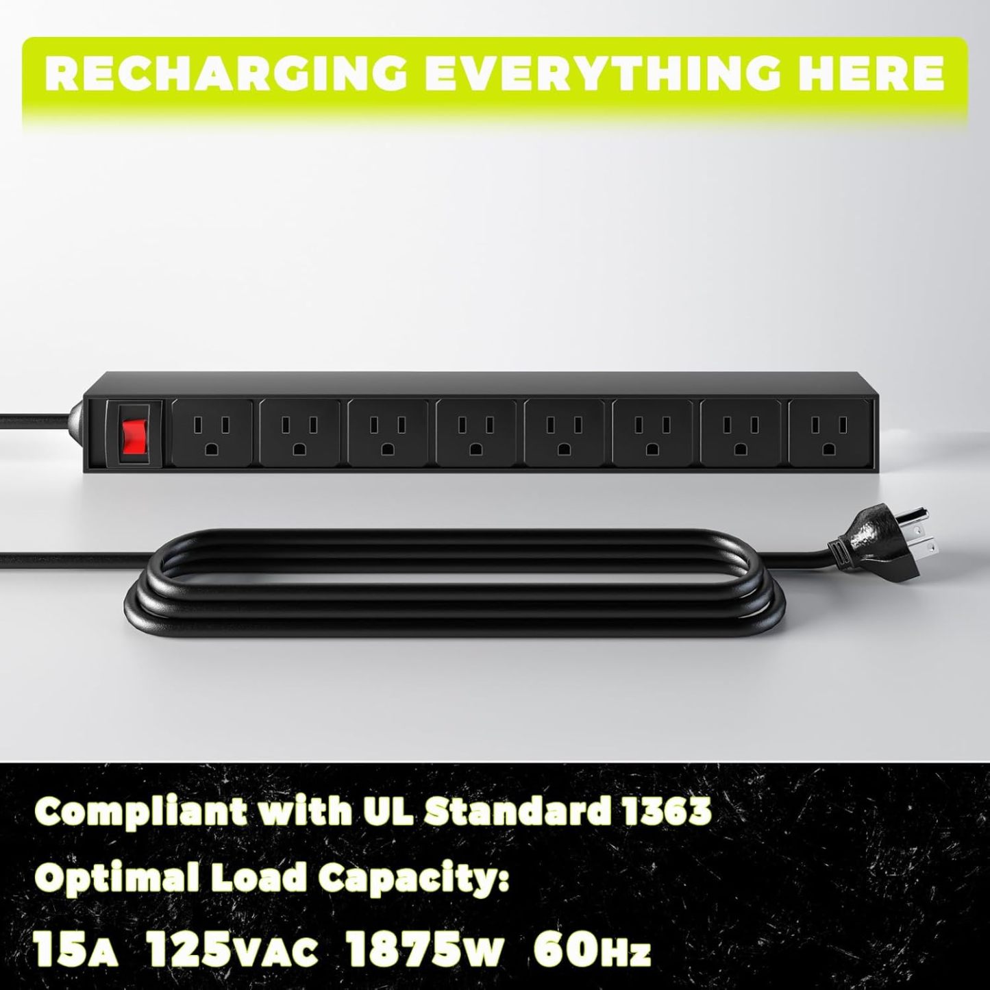 8.7"D x 32.7"W x 15"H Built in 8 Outlet Power Strip,Large 8 Drill Holder Wall Mount, Heavy Duty Metal Power Tool Storage Rack Tool Shelf for Garage Organization