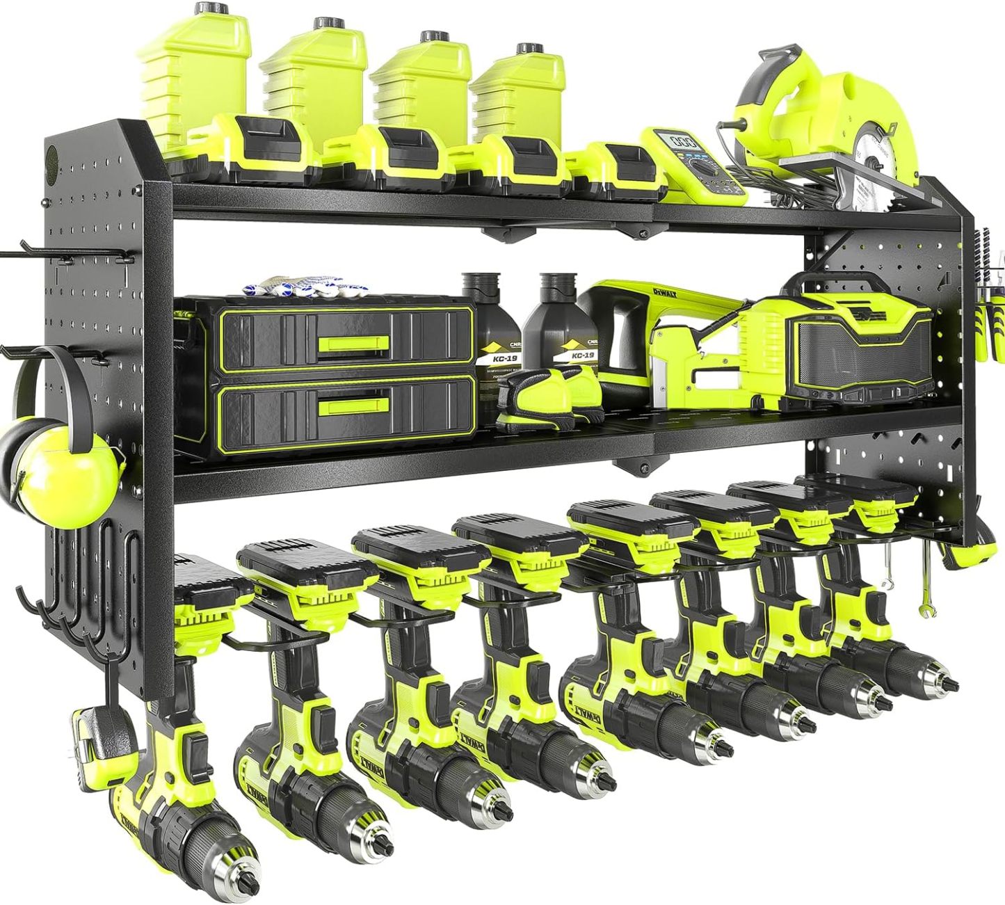 8.7"D x 32.7"W x 15"H Power Tool Organizer，Large 8 Drill Holder Wall Mount with 2 Side Pegboards,Metal Tool Shelf with 12 Hooks，Storage Rack for Garage Organization，Utility Cordless Drill Holder