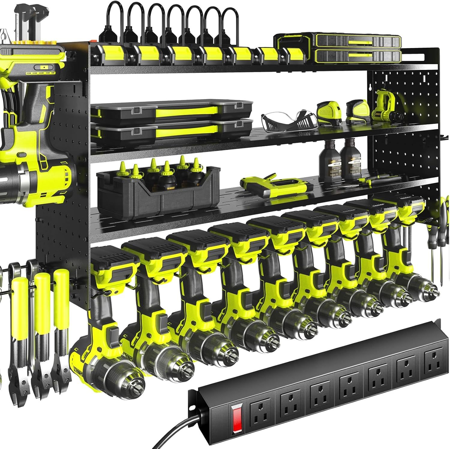 Power Tool Organizer with Charging Station, 8.7"D x 32.9"W x 16.9"H 9 Drill Holder Wall Mount,4 Layer Durable Metal Cordless Drill Storage for Garage Organization,Battery Tool Rack Built in 7 Outlet Power Strip