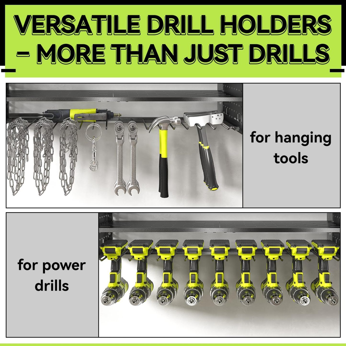 Power Tool Organizer with Charging Station, 8.7"D x 32.9"W x 16.9"H 9 Drill Holder Wall Mount,4 Layer Durable Metal Cordless Drill Storage for Garage Organization,Battery Tool Rack Built in 7 Outlet Power Strip