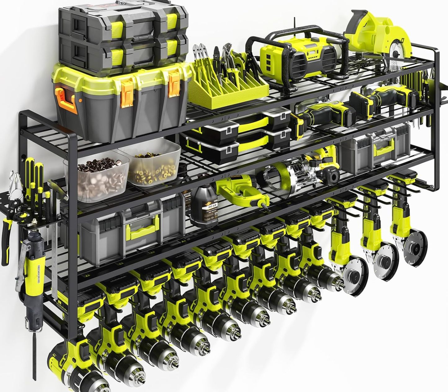 Large Power Tool Organizer Wall Mount-13 Drill Holder for Garage,4 Layer Power Tool Rack,Tool Organizer and Storage with 2 New Accessories