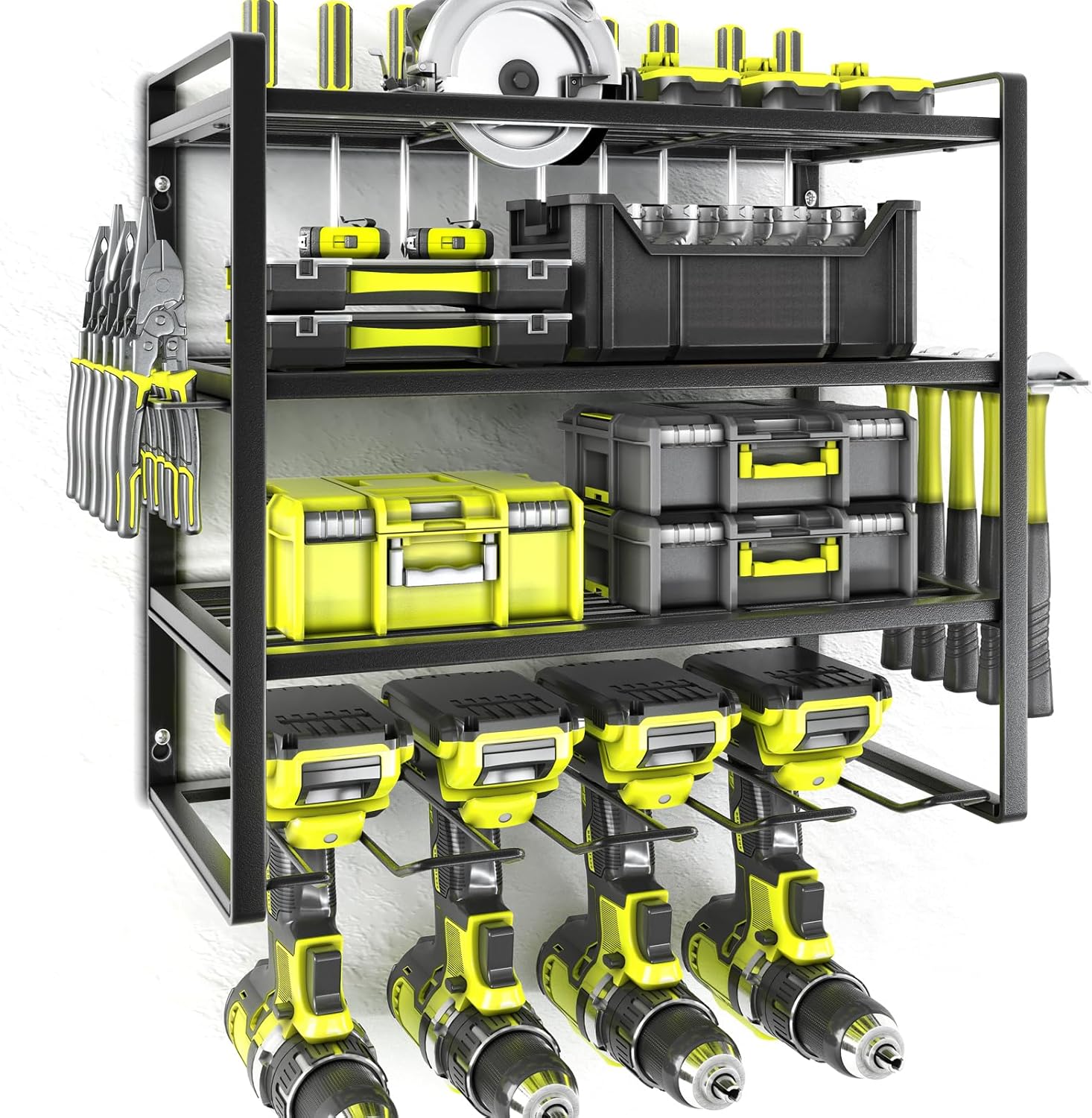 4 Layer Drill Holders Wall Mount,Heavy Duty Metal Organizers and Storage Rack for Garage Organization,Tools Shelves with Screwdriver Plier/Hammer Holder