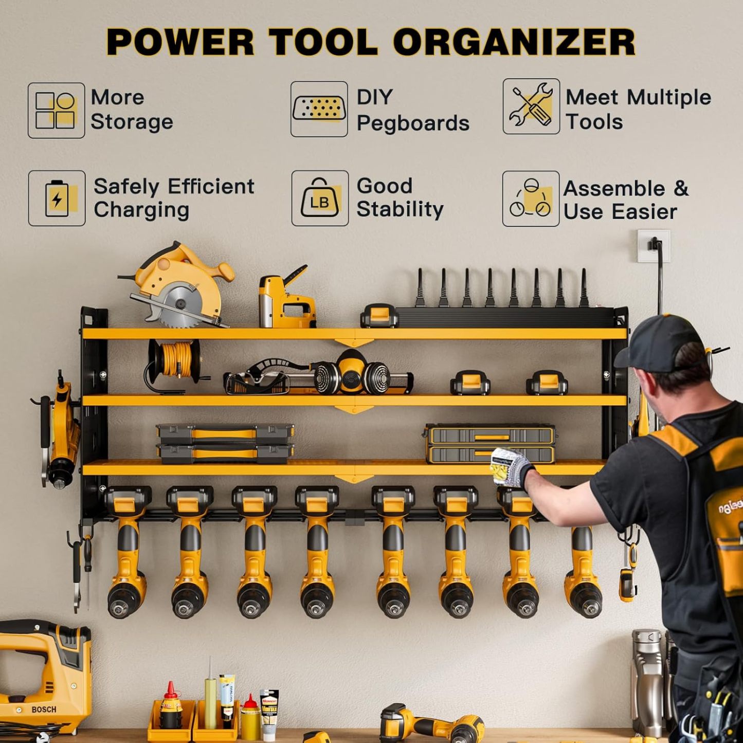 Power Tool Organizer Wall Mount with Charging Station, 8 Drill Holder, 4 Layer Storage Rack for Garage Organization, Tool Holder with 8 Outlet Power Strip