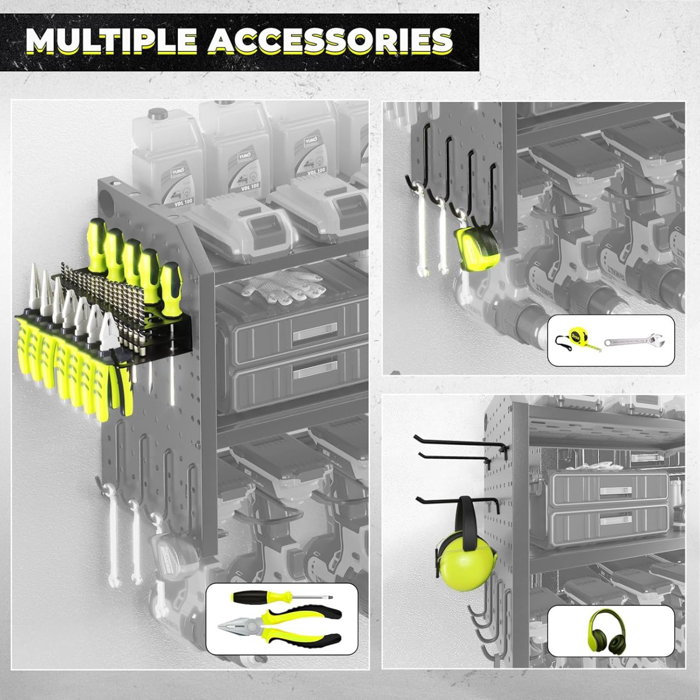 8.7"D x 32.7"W x 15"H Power Tool Organizer with Charging Station, Built in 8 Outlet Power Strip,Large 8 Drill Holder Wall Mount, Heavy Duty Metal Power Tool Storage Rack Tool Shelf for Garage Organization