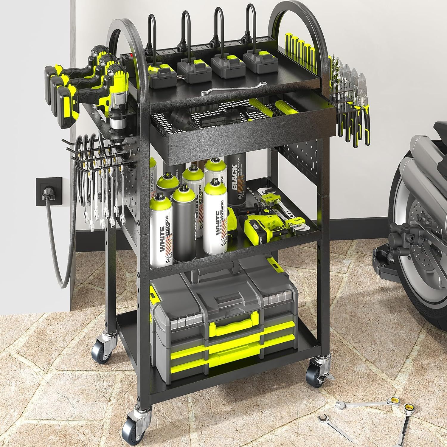 12"D x 17"W x 35"H Power Tool Cart with Charging Station, Rolling Cart with Drawer, Heavy Duty Power Tool Organizer with 360 Silent Wheels, Storage for Garage, Warehouse & Repair Shop