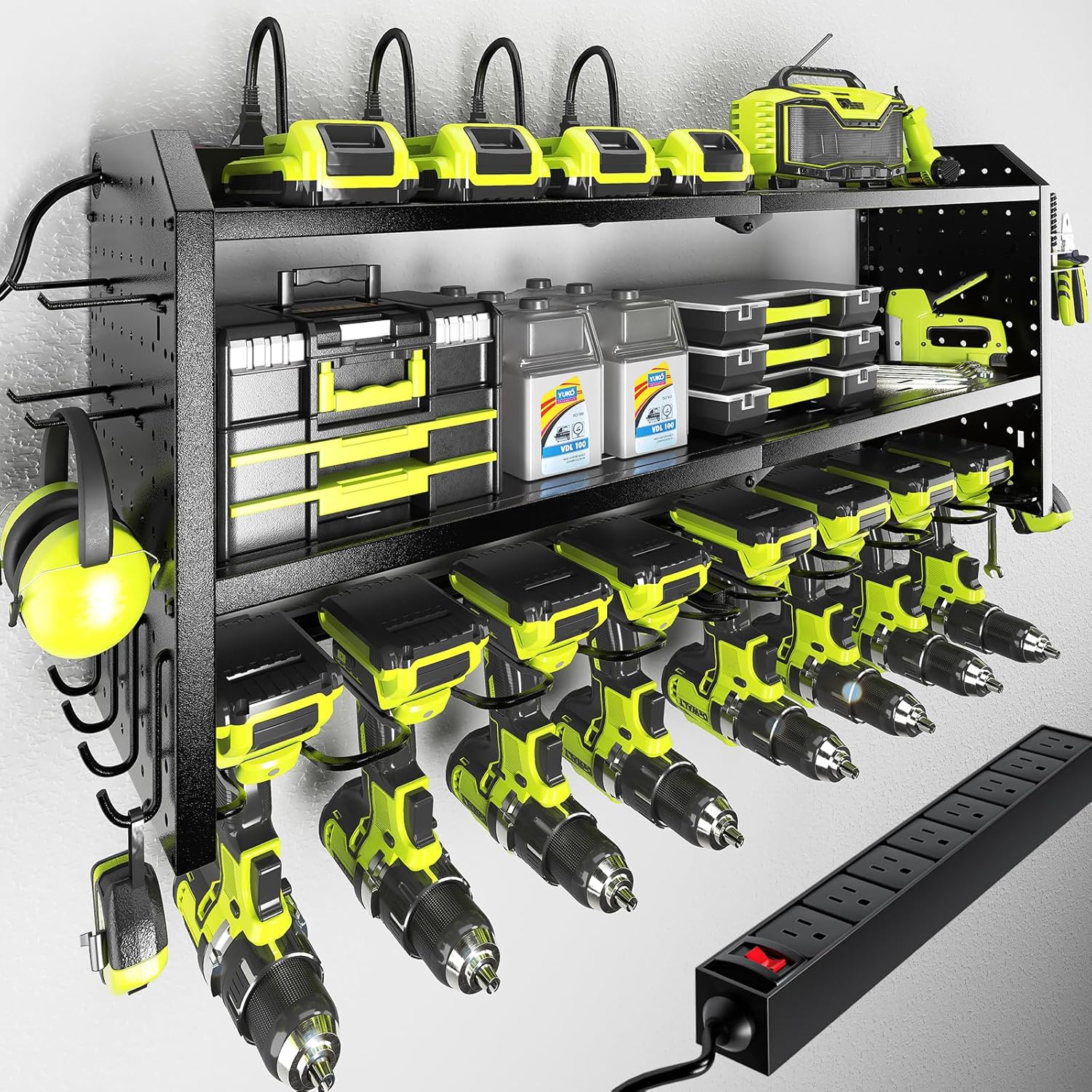 8.7"D x 32.7"W x 15"H Power Tool Organizer with Charging Station, Built in 8 Outlet Power Strip,Large 8 Drill Holder Wall Mount, Heavy Duty Metal Power Tool Storage Rack Tool Shelf for Garage Organization