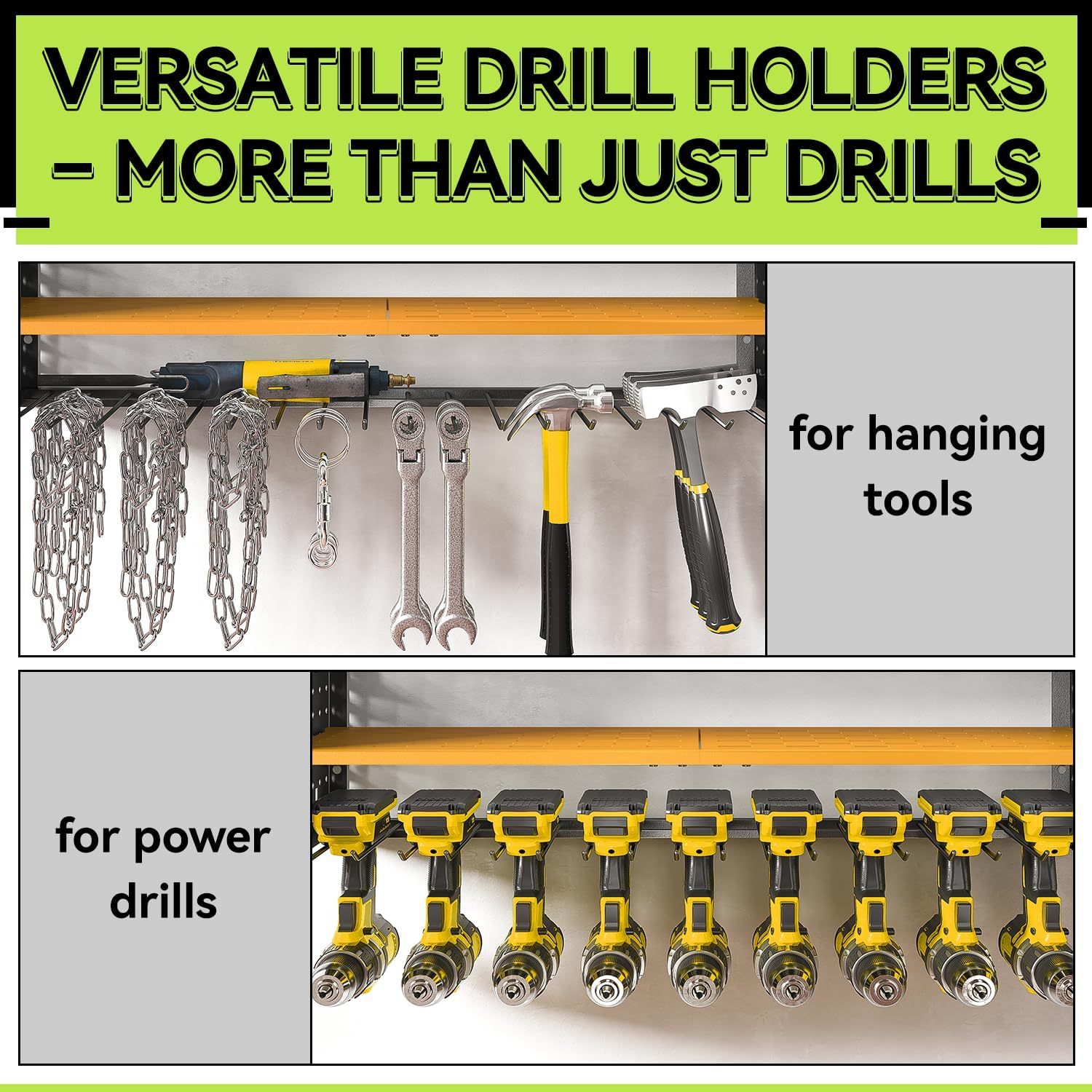 Power Tool Organizer with Charging Station,9 Drill Holder Wall Mount, 8.7"D x 32.9"W x 16.9"H 4 Layer Durable Metal Cordless Drill Storage for Garage Organization,Battery Tool Rack Built in 7 Outlet Power Strip