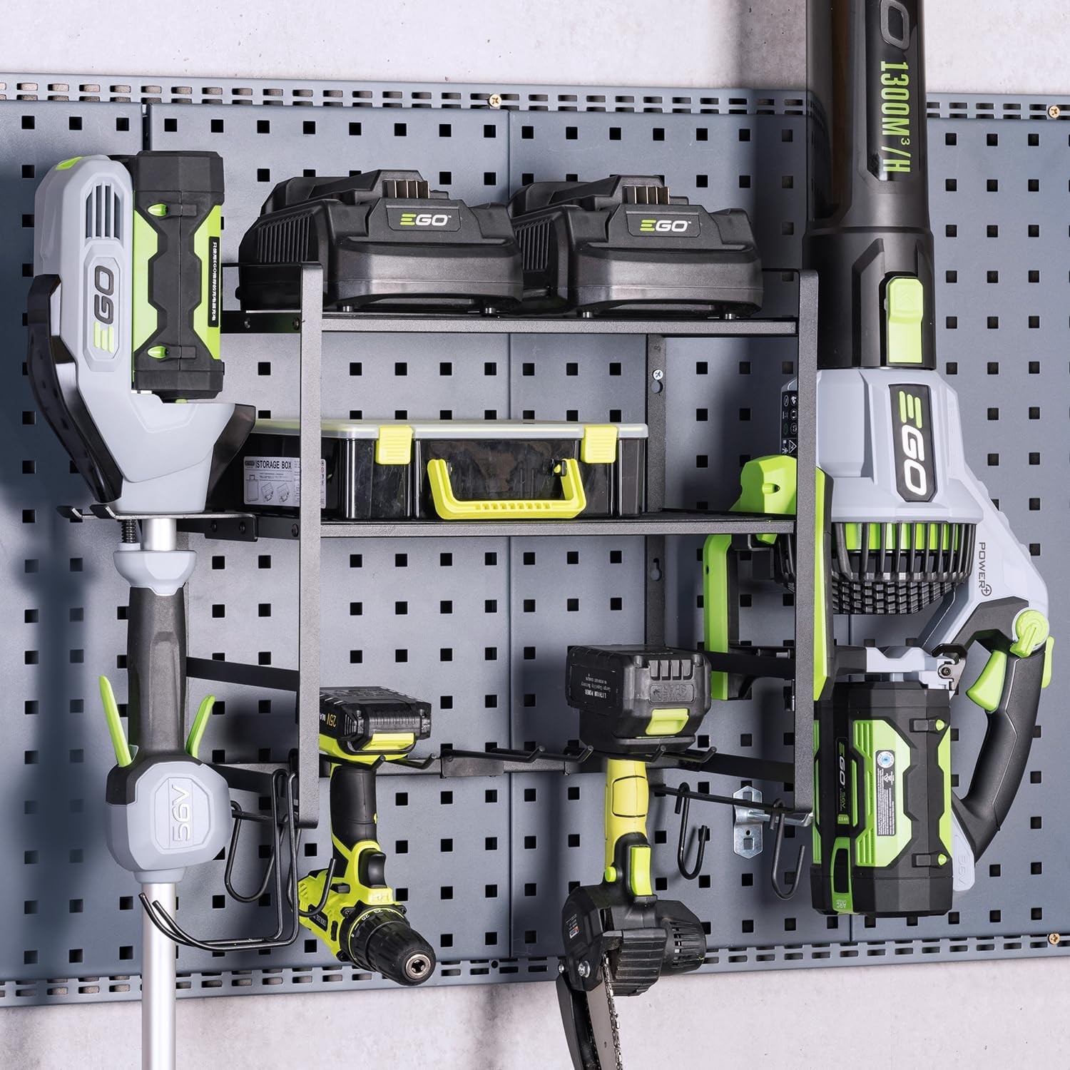 9.8"D x 16.6"W x 16.6"H Leaf Blower and Weedeater Hanger,Lawn Power Tool Organizer Wall Mount Rack Hanger for Leaf Blower and Weed Eater,Heavy Duty Lawn Tool Storage and Organization with Hooks