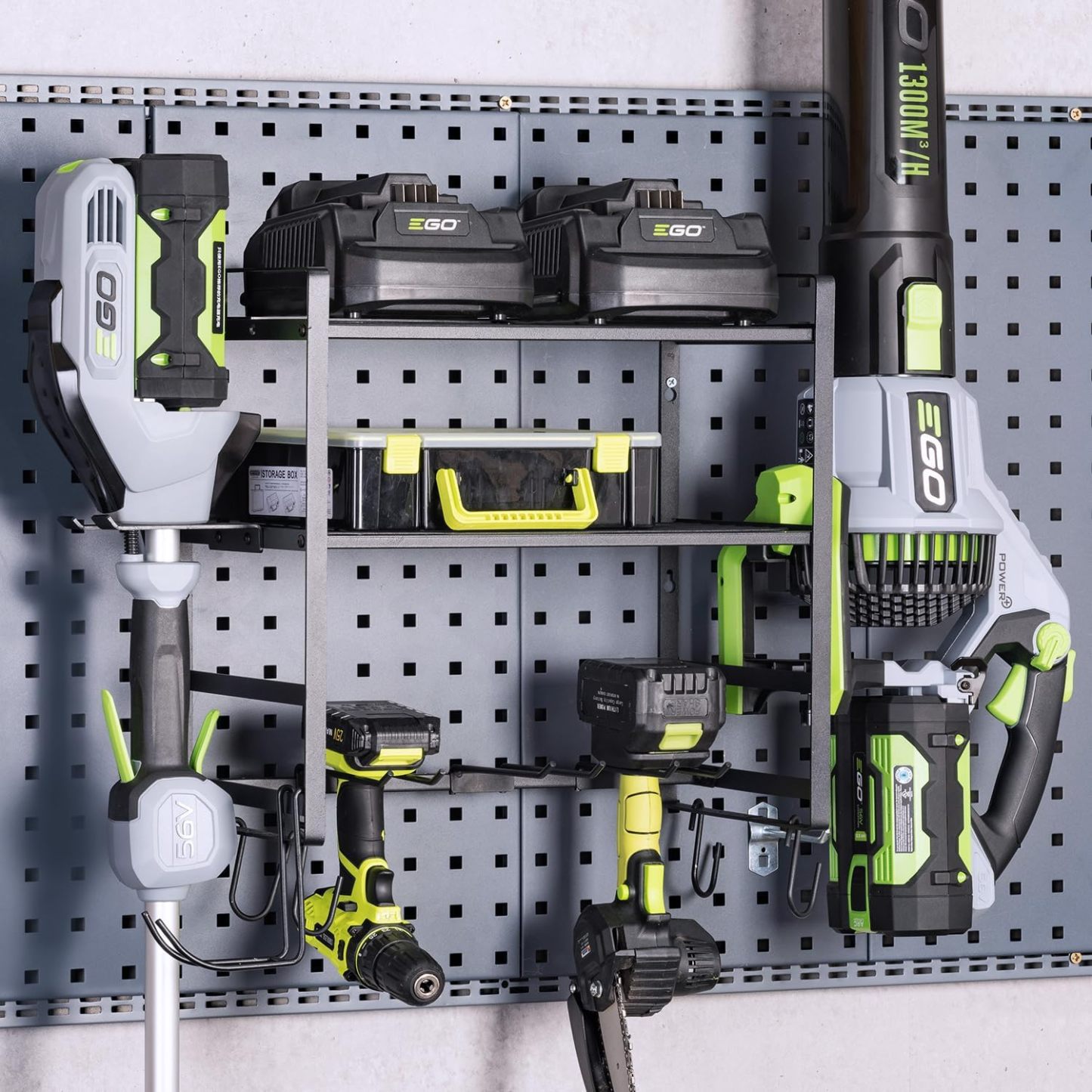 9.8"D x 16.6"W x 16.6"H Leaf Blower and Weedeater Hanger,Lawn Power Tool Organizer Wall Mount Rack Hanger for Leaf Blower and Weed Eater,Heavy Duty Lawn Tool Storage and Organization with Hooks