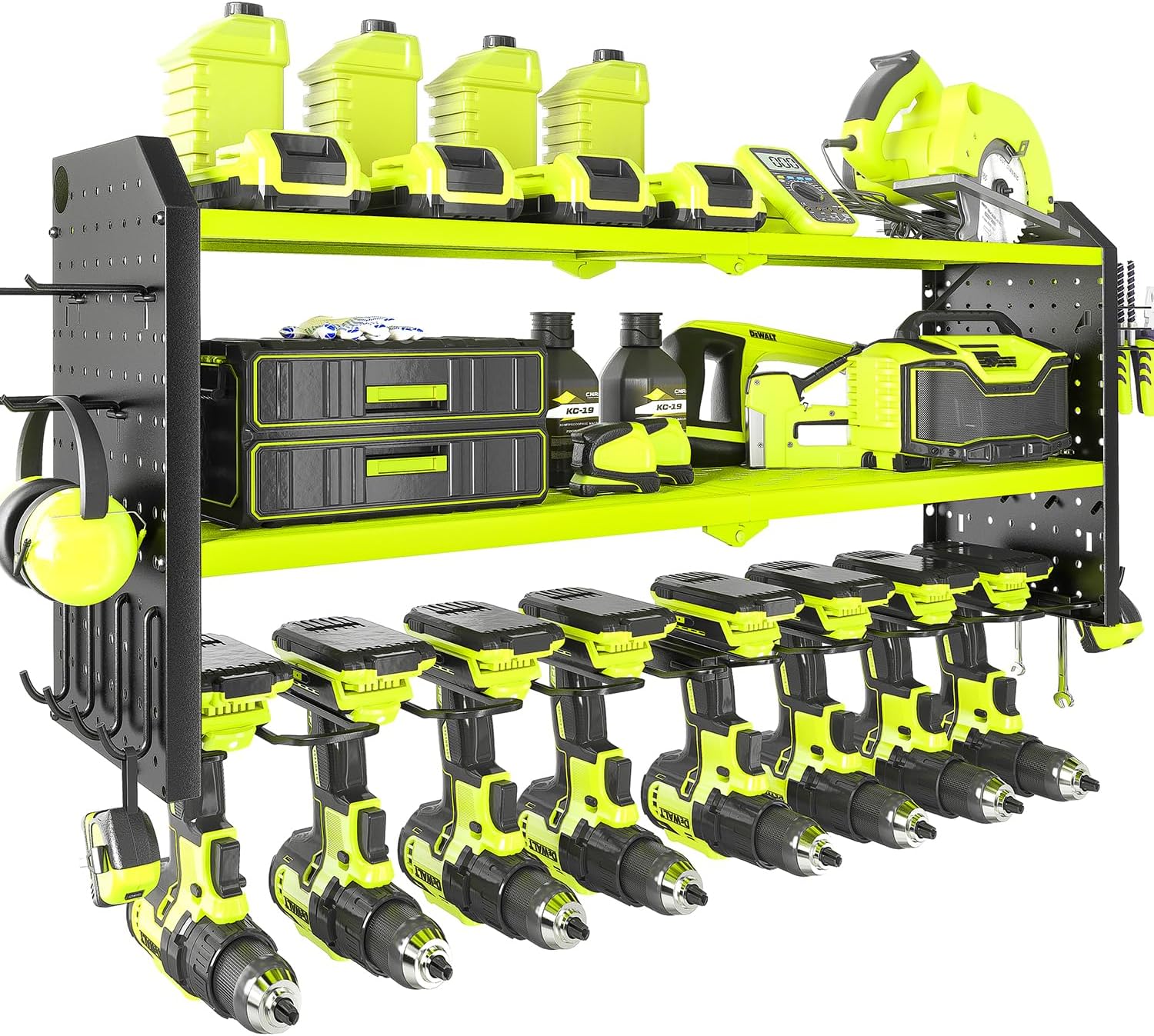 8.7"D x 32.7"W x 15"H Power Tool Organizer，Large 8 Drill Holder Wall Mount with 2 Side Pegboards,Metal Tool Shelf with 12 Hooks，Storage Rack for Garage Organization，Utility Cordless Drill Holder