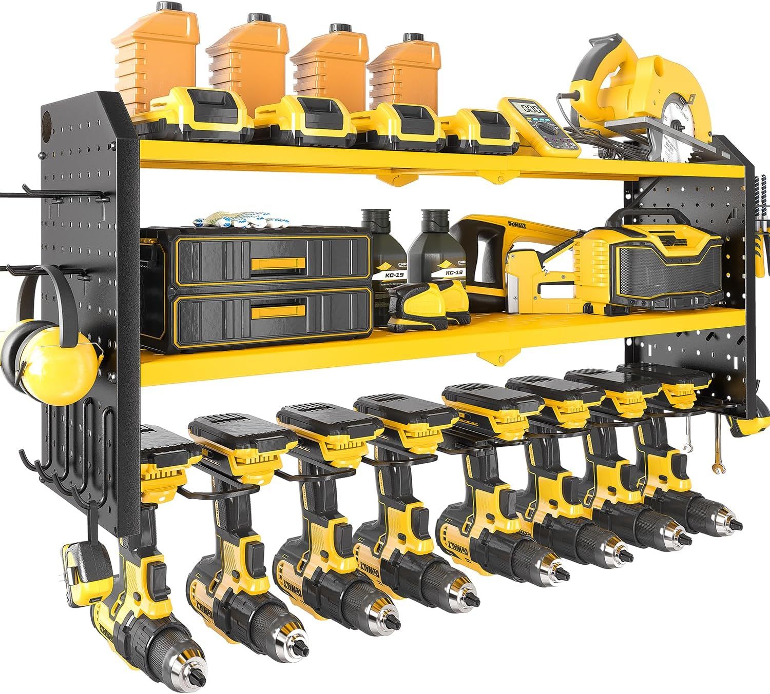 8.7"D x 32.7"W x 15"H Power Tool Organizer,Large 8 Drill Holder Wall Mount with 2 Side Pegboards,Metal Tool Shelf with 12 Hooks,Storage Rack for Garage Organization,Utility Cordless Drill Holder