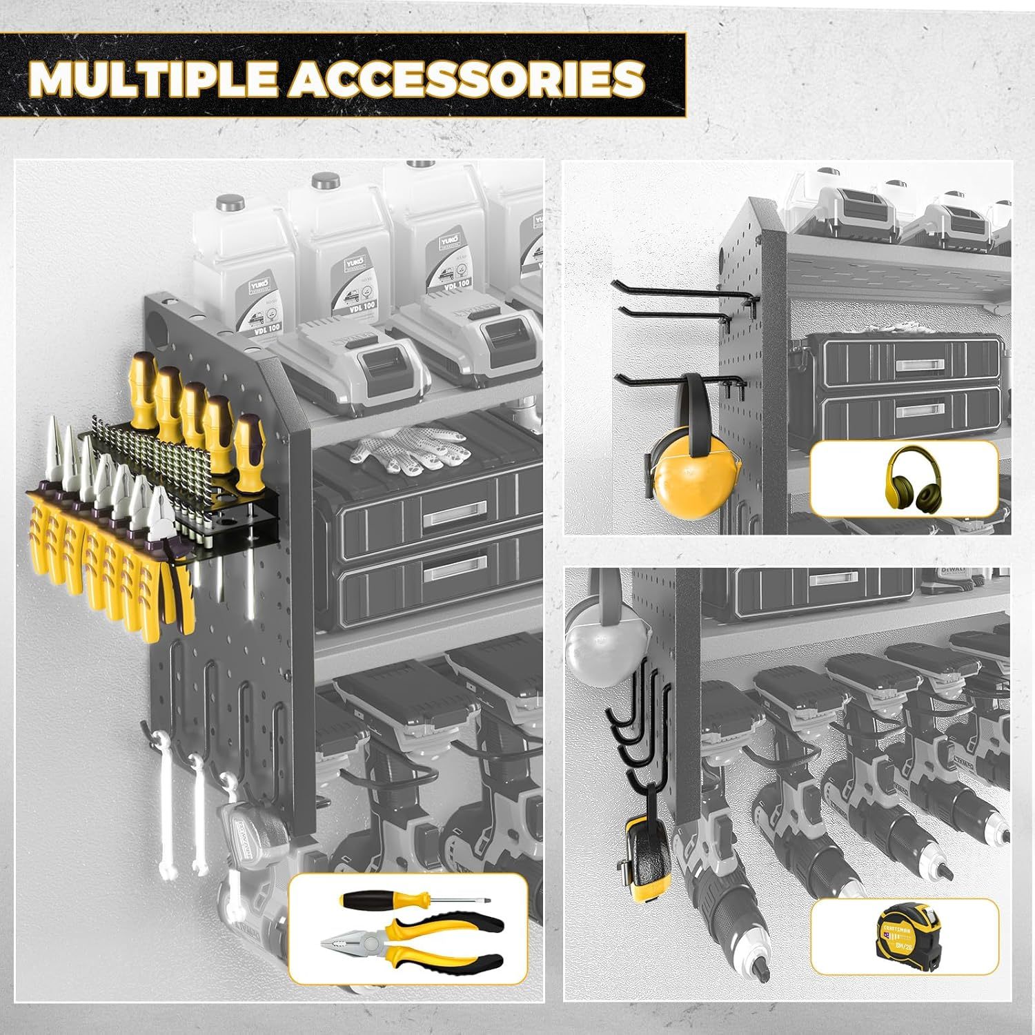 8"D x 32.5"W x 36"H Power Tool Organizer with Charging Station.Garage 8 Drill Holder Built in 8 Outlets Power Strip,Tool Storage Shelf Wall Mount,Tool Battery Organizer with Screwdriver/Hammer/Air Tool Rack