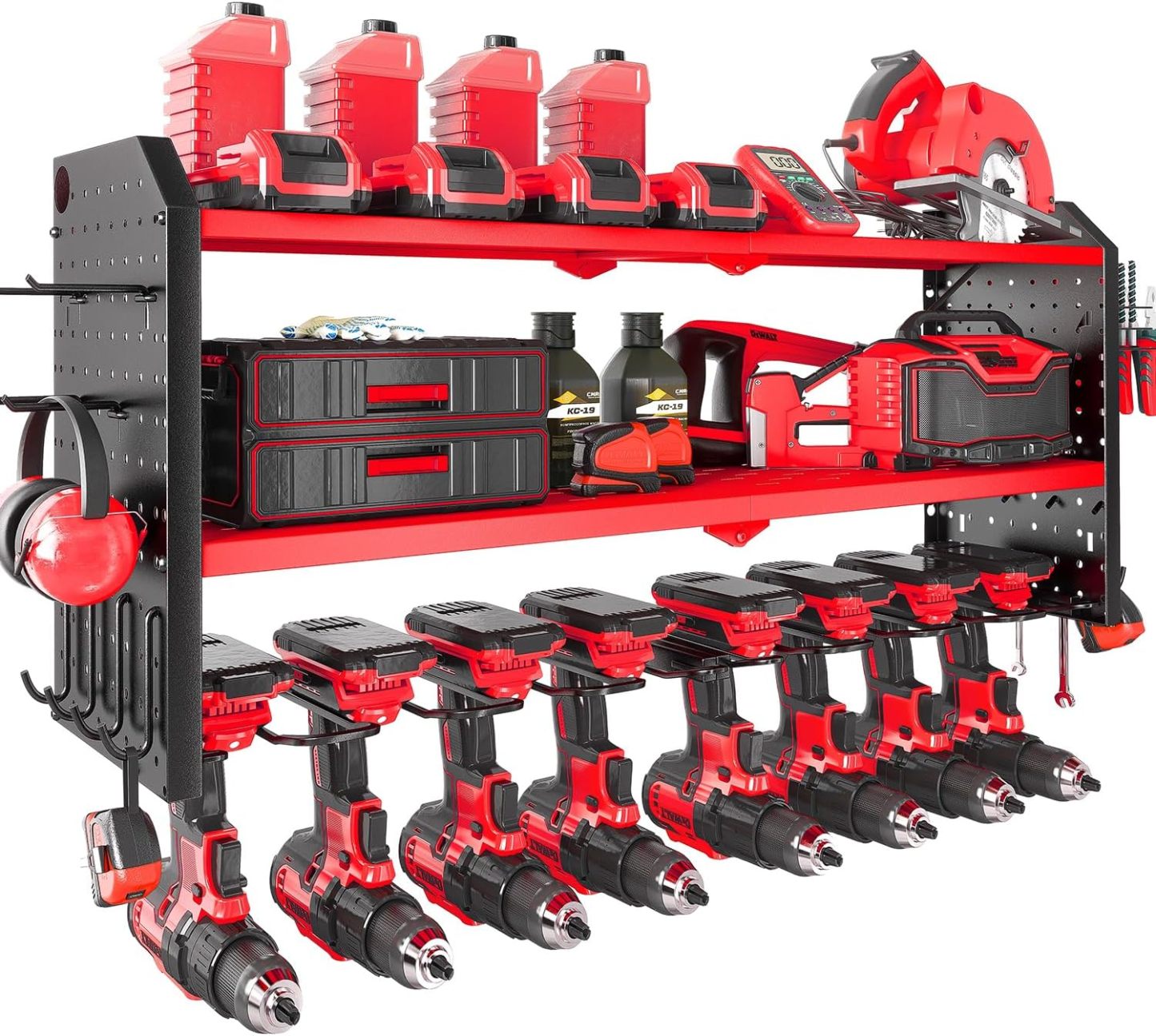 8.7"D x 32.7"W x 15"H Power Tool Organizer，Large 8 Drill Holder Wall Mount with 2 Side Pegboards,Metal Tool Shelf with 12 Hooks，Storage Rack for Garage Organization，Utility Cordless Drill Holder