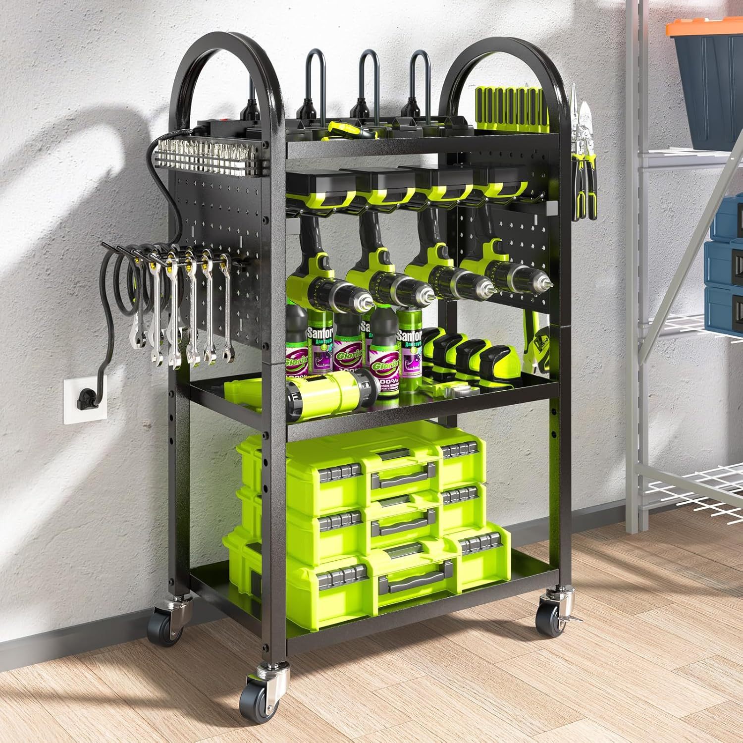 12"D x 17"W x 35"H Power Tool Organizer Cart with Charging Station,Garage Floor Rolling Storage on Wheels for Mechanic,Mobile 8 Drill Holder, Utility Cart with Battery Charging 8 Outlet Power Strip