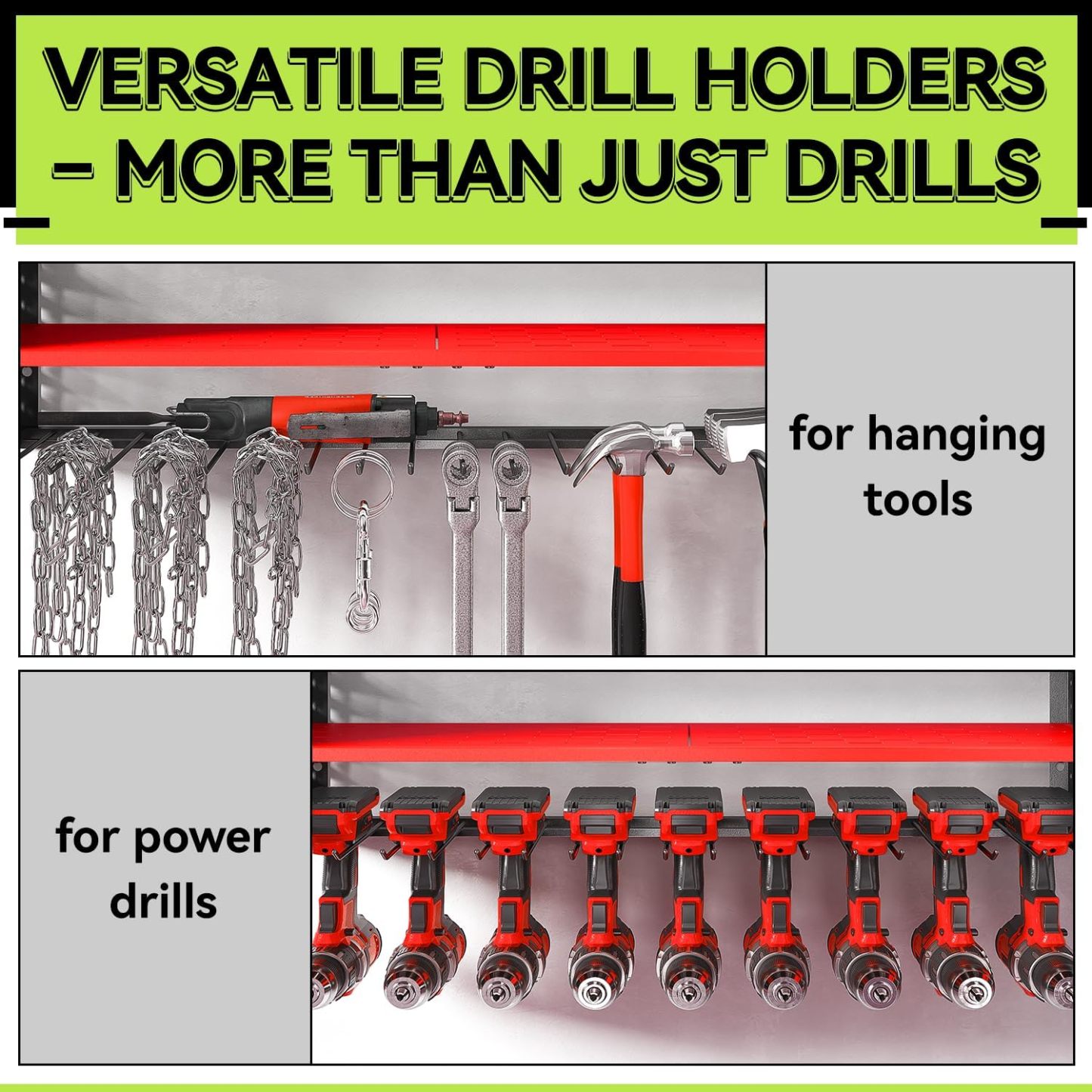 Power Tool Organizer with Charging Station, 8.7"D x 32.9"W x 16.9"H 9 Drill Holder Wall Mount,4 Layer Heavy Duty Metal Cordless Drill Storage for Garage Organization,Battery Tool Rack Built in 7 Outlet Power Strip