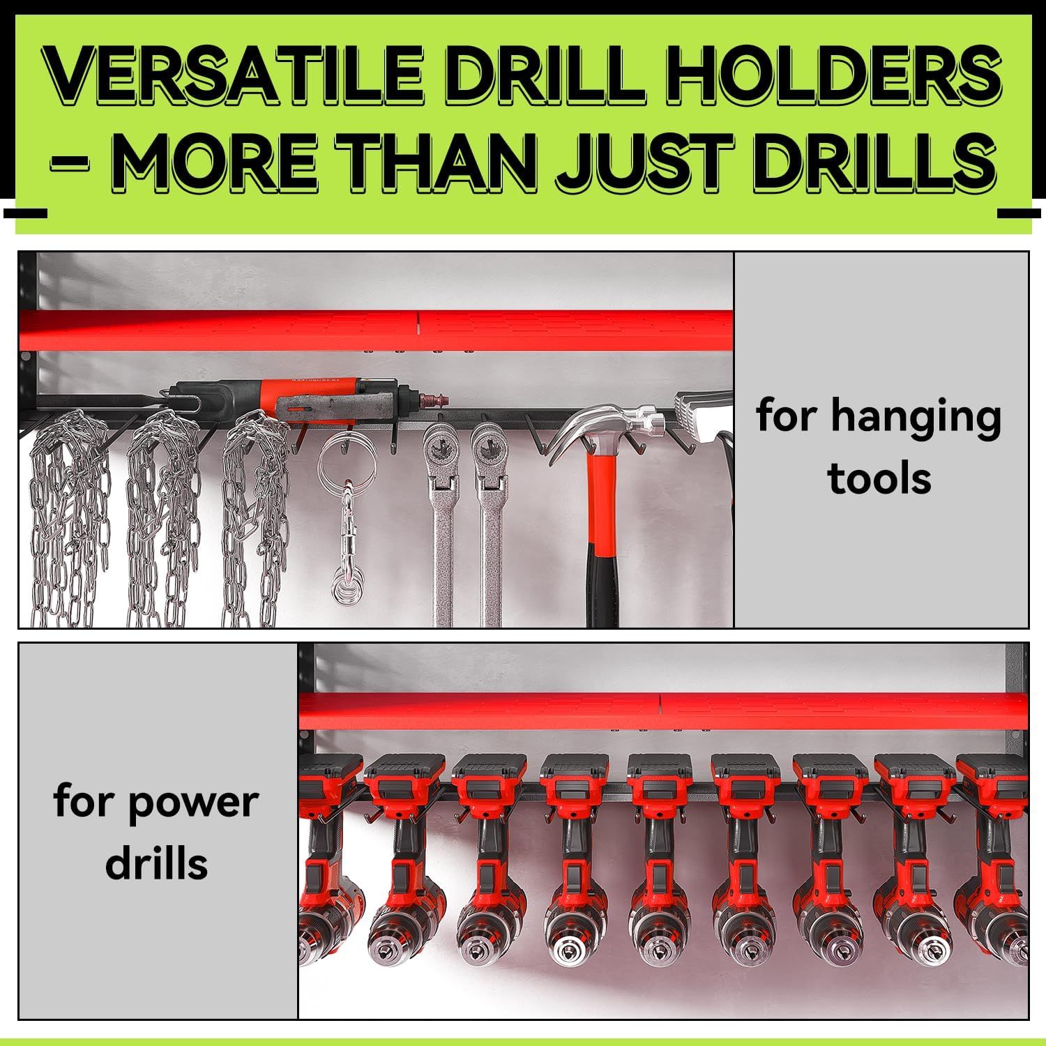 Power Tool Organizer with Charging Station, 8.7"D x 32.9"W x 16.9"H 9 Drill Holder Wall Mount,4 Layer Heavy Duty Metal Cordless Drill Storage for Garage Organization,Battery Tool Rack Built in 7 Outlet Power Strip