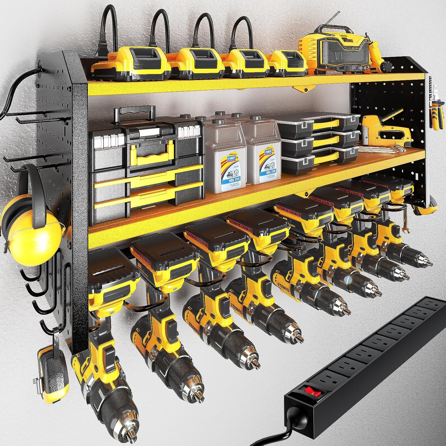 8"D x 32.5"W x 36"H Power Tool Organizer with Charging Station.Garage 8 Drill Holder Built in 8 Outlets Power Strip,Tool Storage Shelf Wall Mount,Tool Battery Organizer with Screwdriver/Hammer/Air Tool Rack