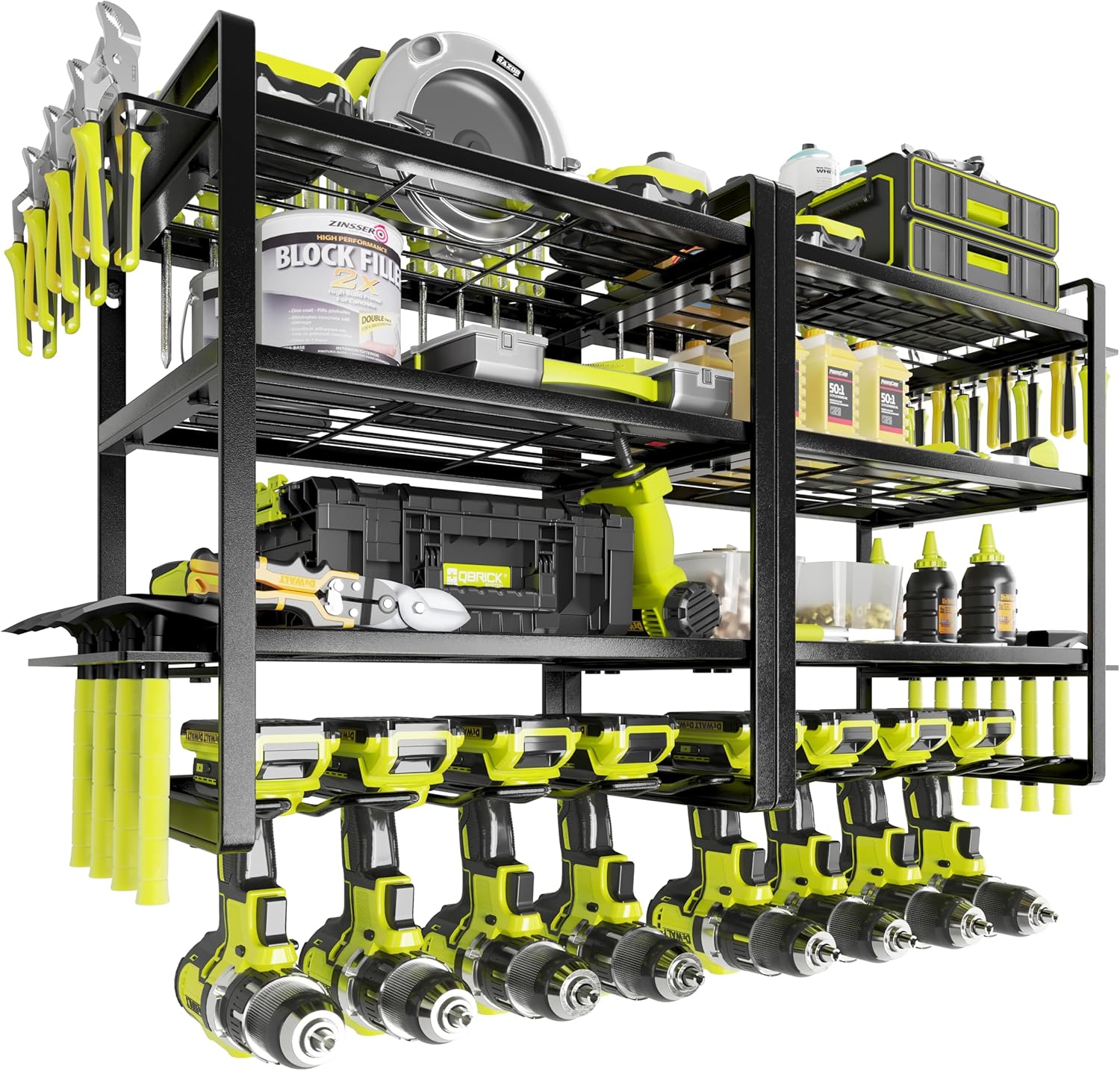 Power Tool Organizer Wall Mount, 7.8"D x 30.8"W x 15.8"H 4-Tier Drill Holder for Cordless Tools, 2-Pack Set, Garage Storage Rack with Side Hooks for Hammers & Pliers, Tool Organizer for Workshop/Utility Room