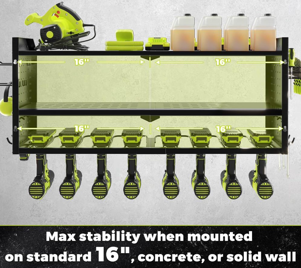 8.7"D x 32.7"W x 15"H Power Tool Organizer，Large 8 Drill Holder Wall Mount with 2 Side Pegboards,Metal Tool Shelf with 12 Hooks，Storage Rack for Garage Organization，Utility Cordless Drill Holder