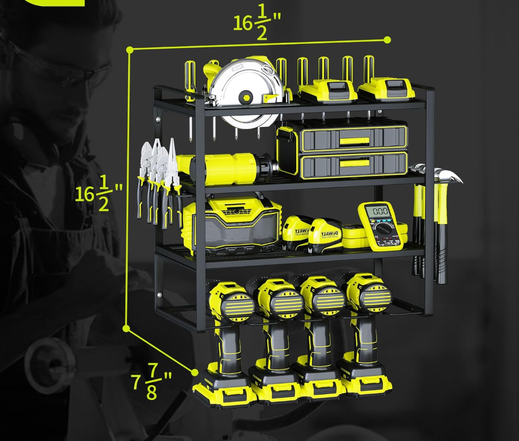4 Layer Drill Holders Wall Mount,Heavy Duty Metal Organizers and Storage Rack for Garage Organization,Tools Shelves with Screwdriver Plier/Hammer Holder