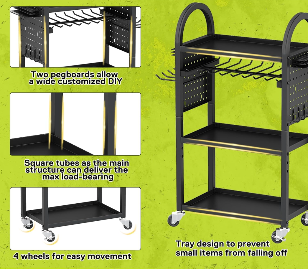 12"D x 17"W x 35"H Power Tool Organizer Cart with Charging Station,Garage Floor Rolling Storage on Wheels for Mechanic,Mobile 8 Drill Holder, Utility Cart with Battery Charging 8 Outlet Power Strip