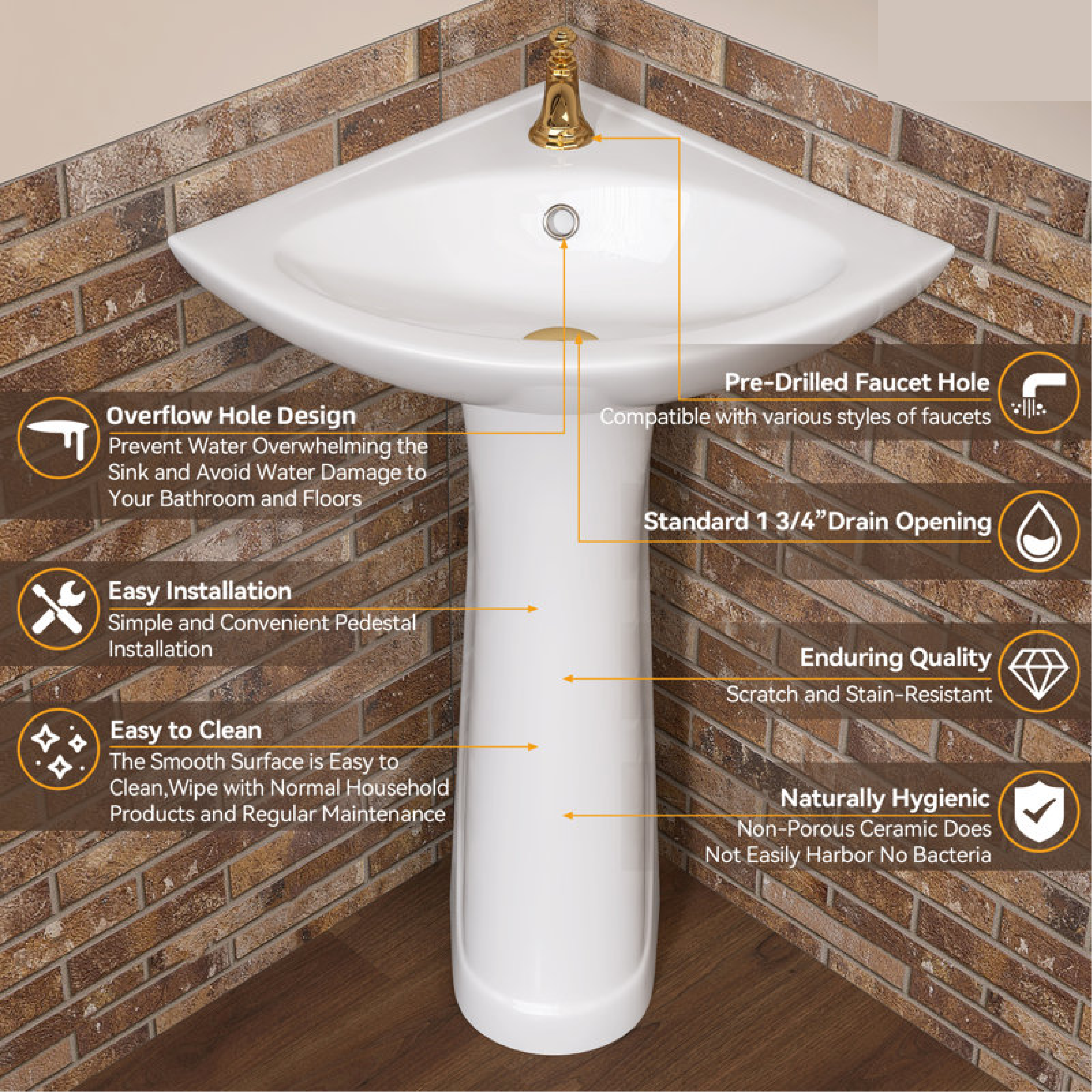 23" W X 19" D X 30.5" H Corner Vitreous China Pedestal Sink