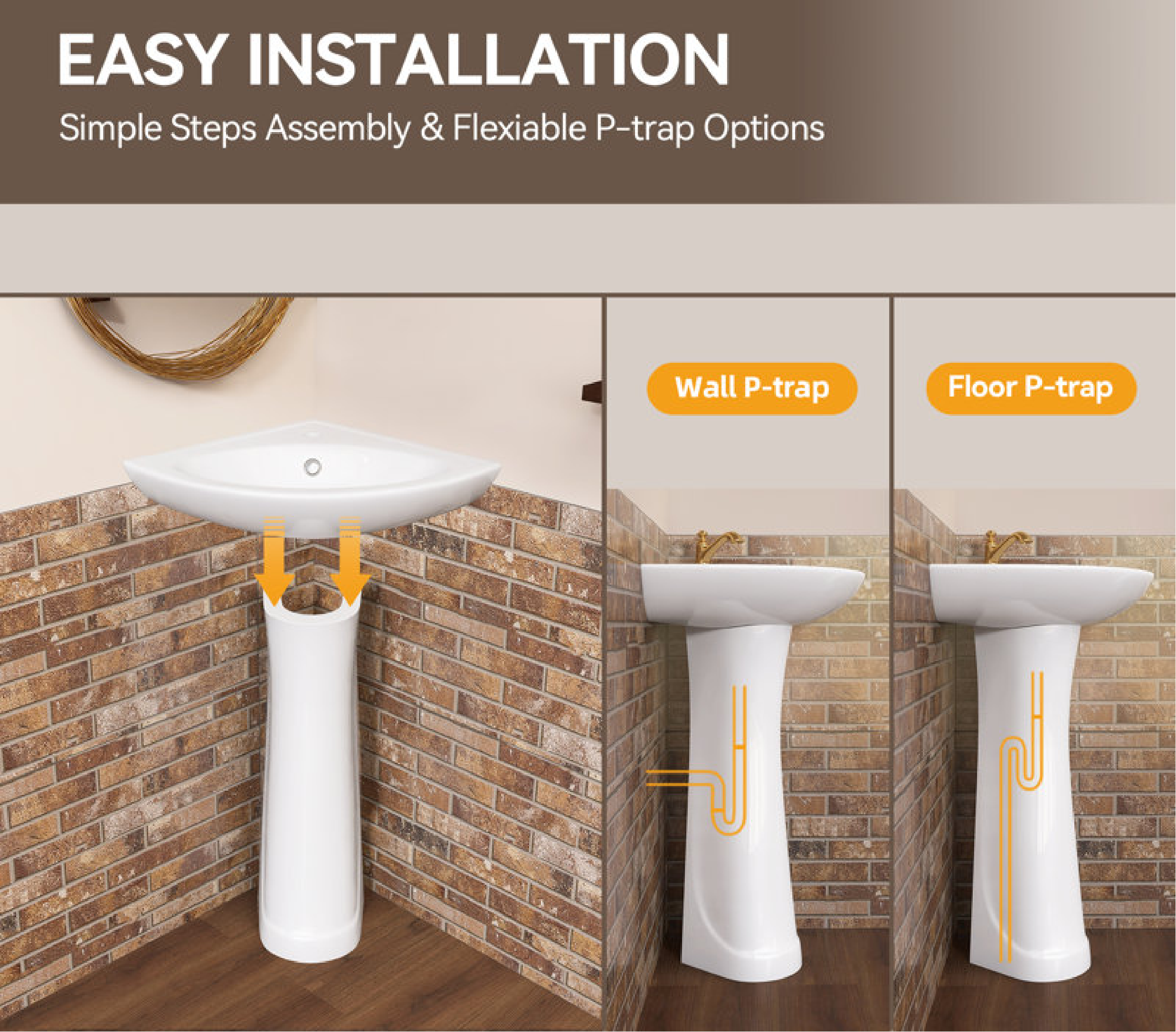 23" W X 19" D X 30.5" H Corner Vitreous China Pedestal Sink